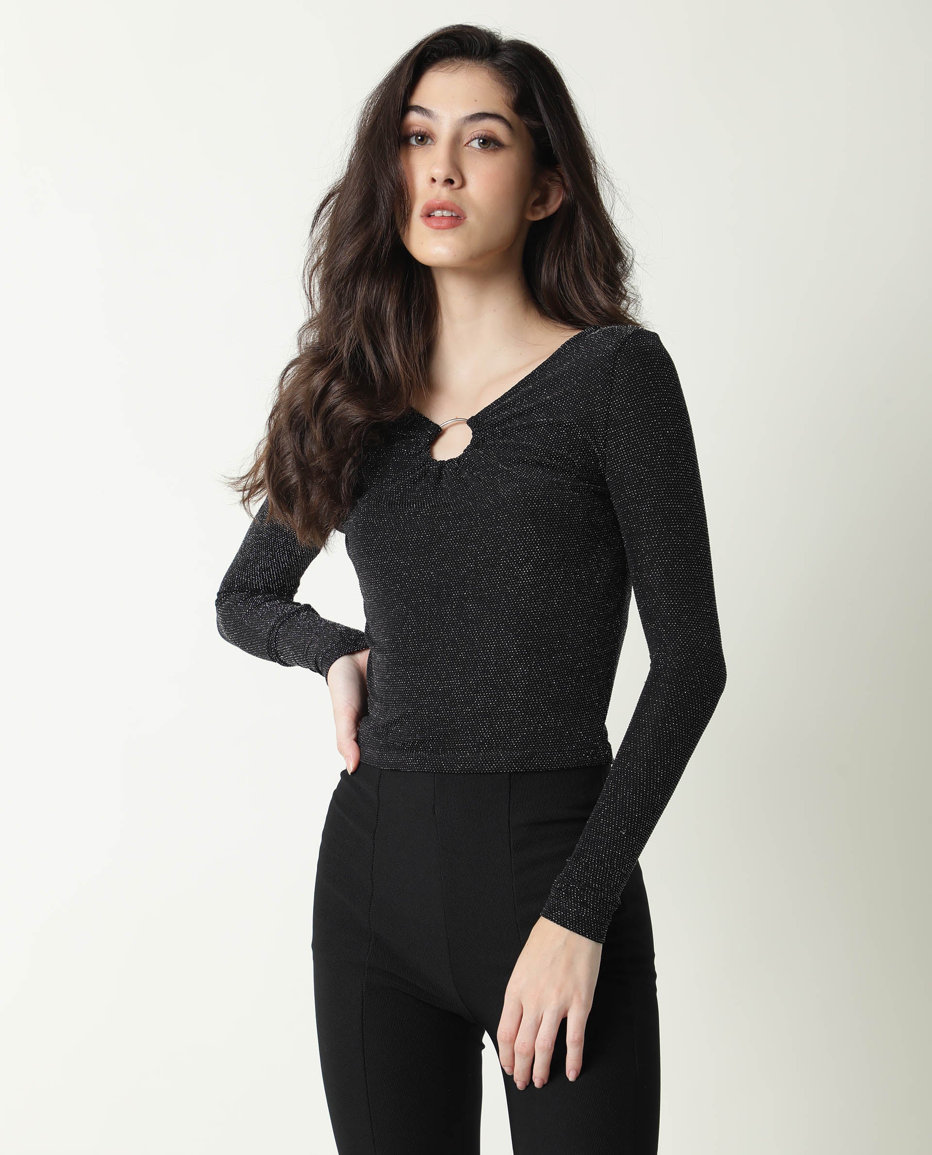 Rareism Women Ring Black Top Nylon Fabric Full Sleeves Solid - Image 3