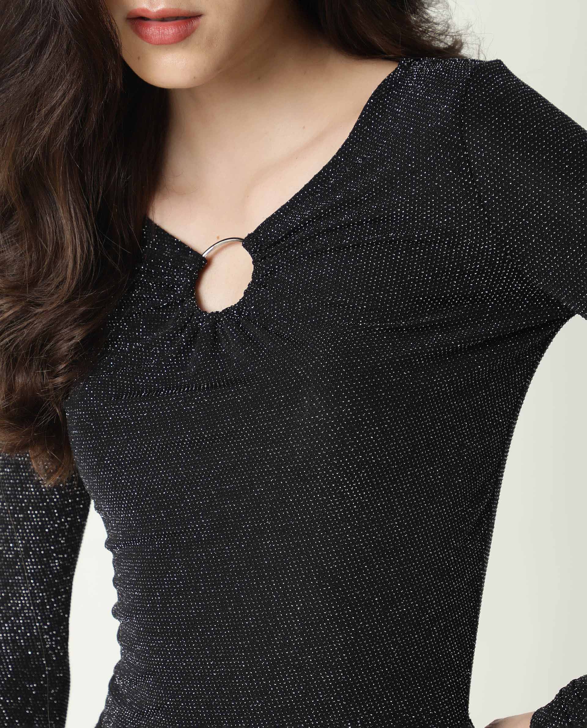 Rareism Women Ring Black Top Nylon Fabric Full Sleeves Solid - Image 6