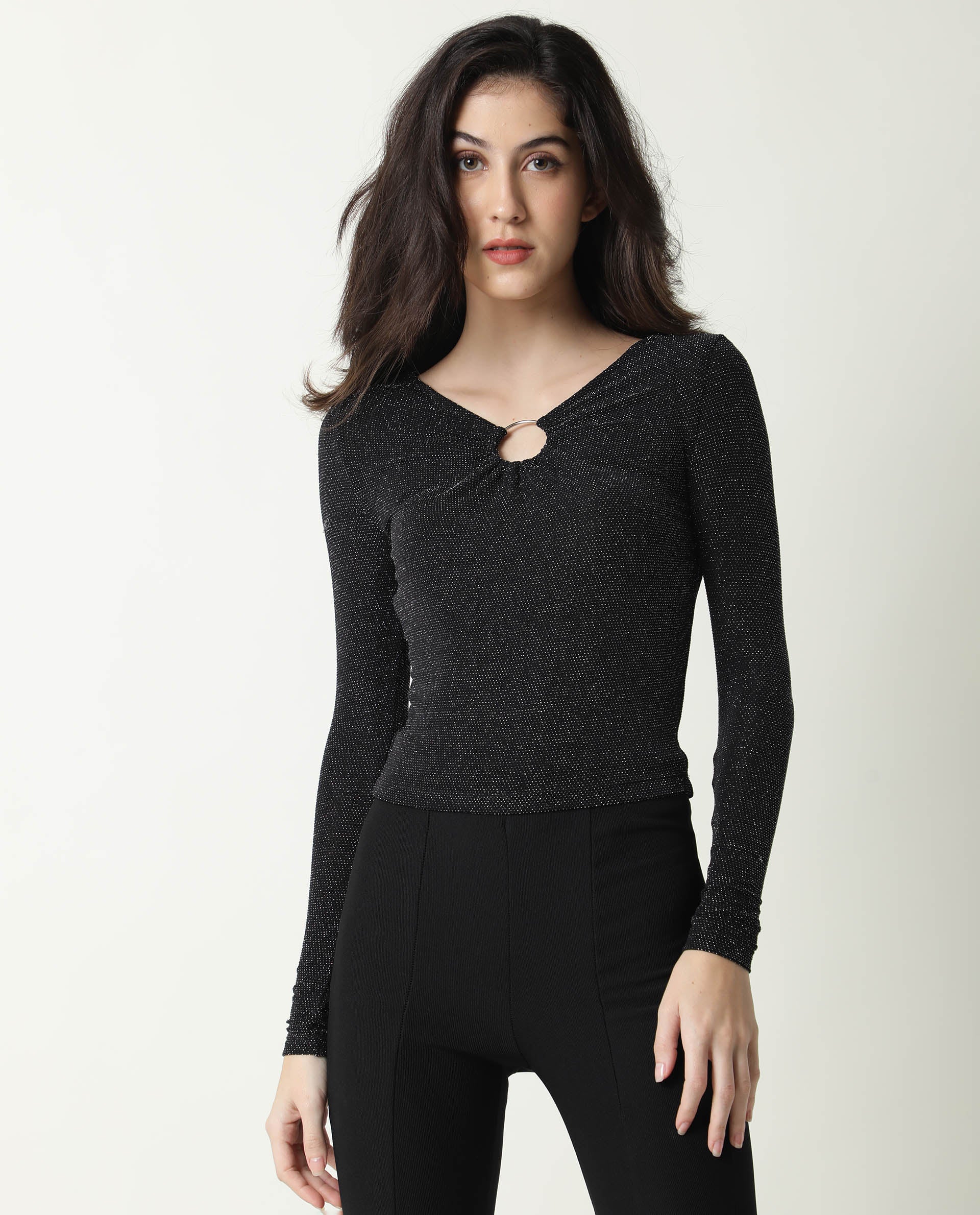 Rareism Women Ring Black Top Nylon Fabric Full Sleeves Solid - Image 7