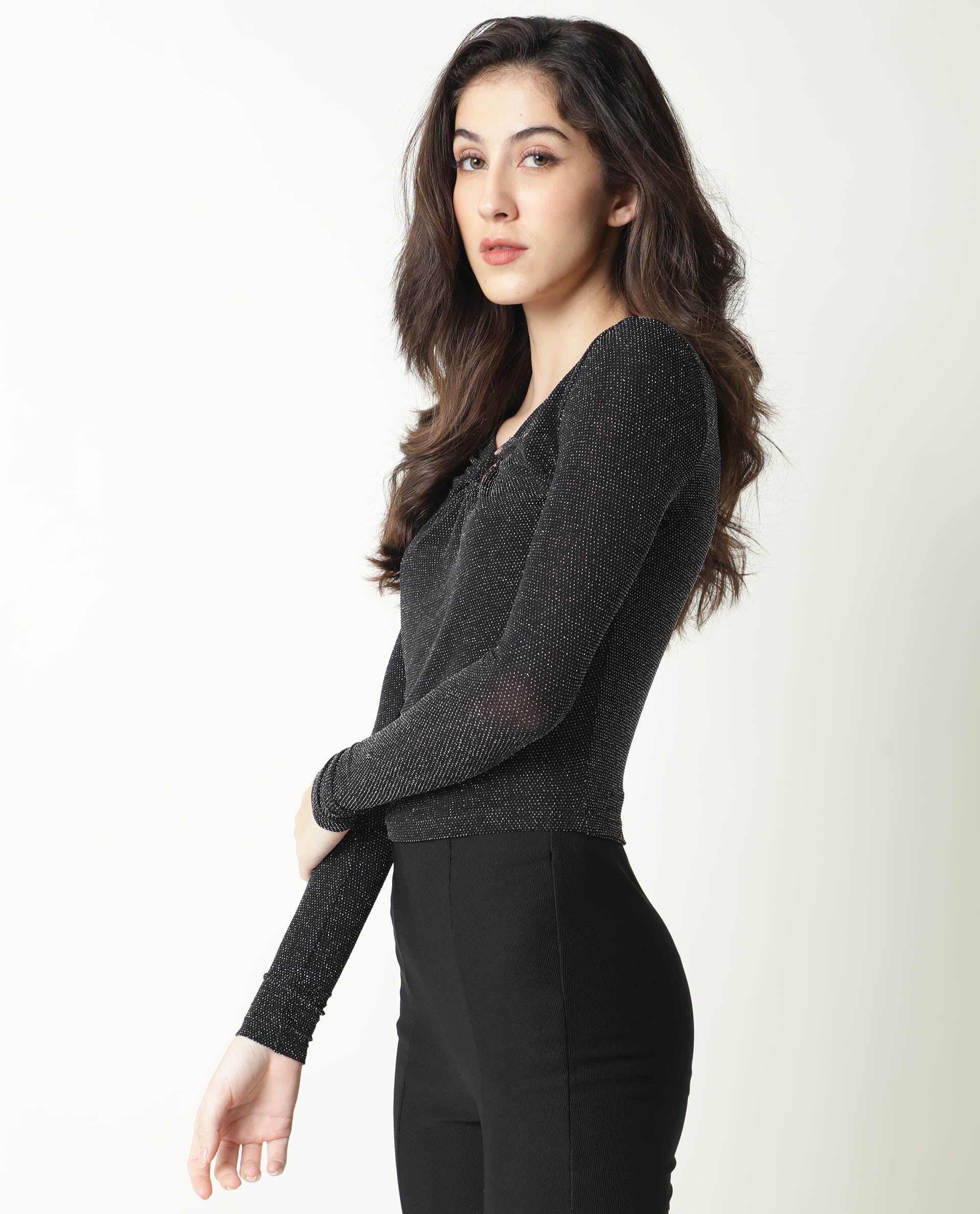 Rareism Women Ring Black Top Nylon Fabric Full Sleeves Solid - Image 8