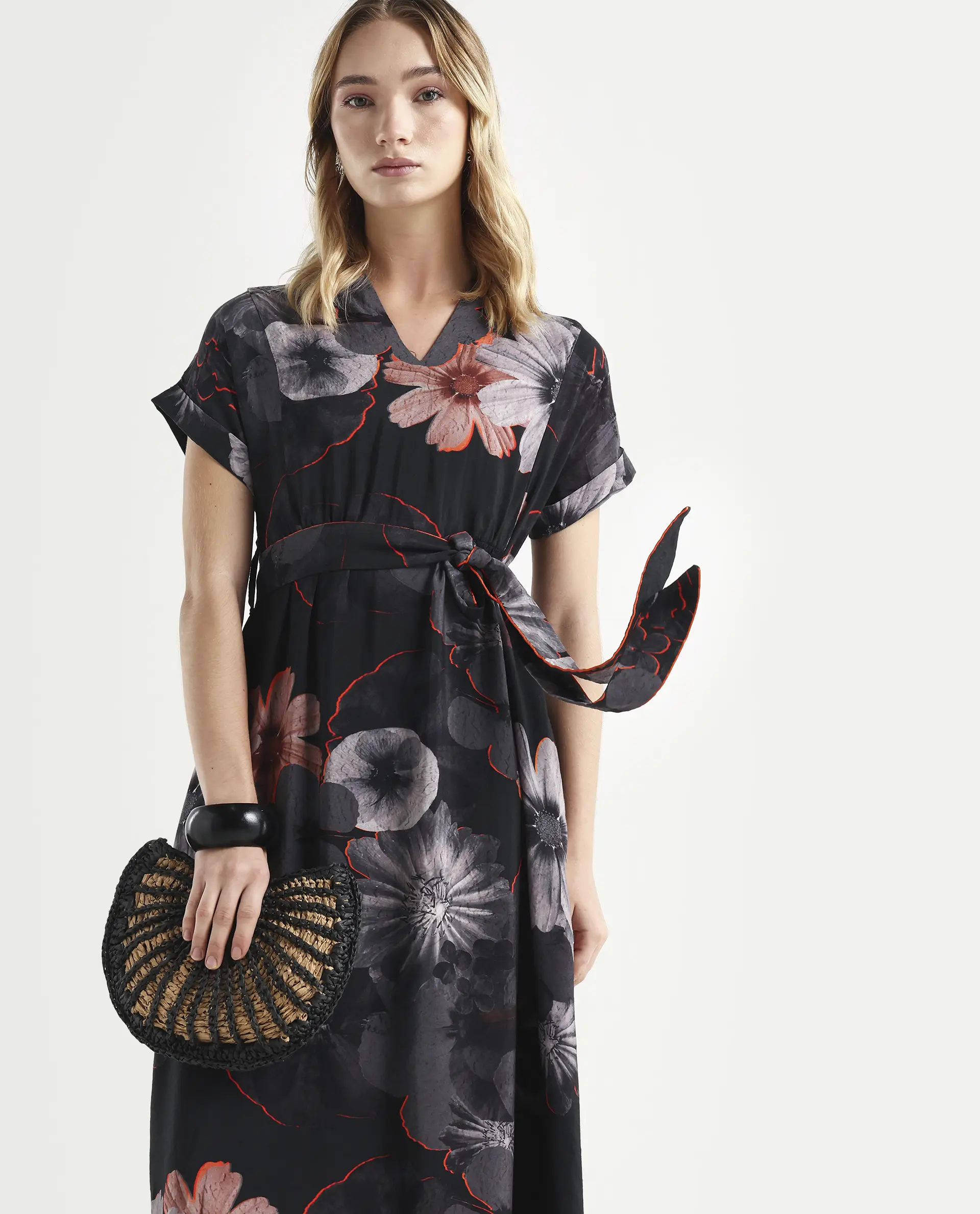 Rareism Women's Ringel Black Polyester Blend V-Neck Floral Print Extended Sleeves Maxi Regular Fit Dress - Image 2