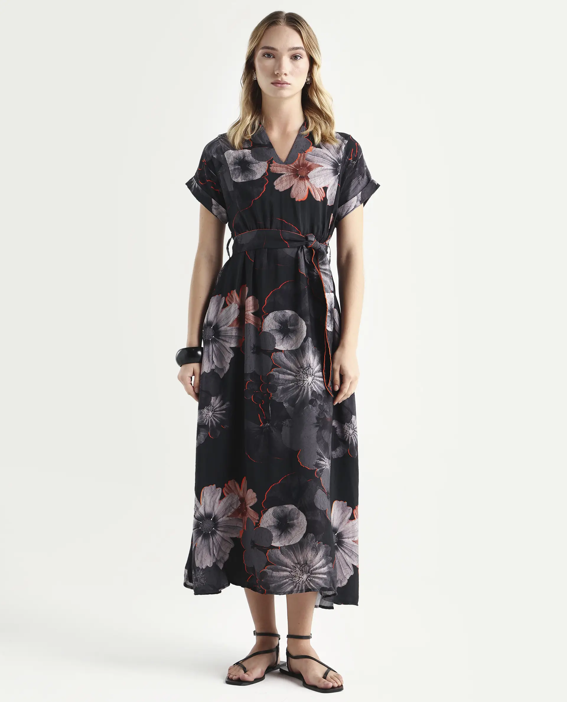 Rareism Women's Ringel Black Polyester Blend V-Neck Floral Print Extended Sleeves Maxi Regular Fit Dress - Image 3