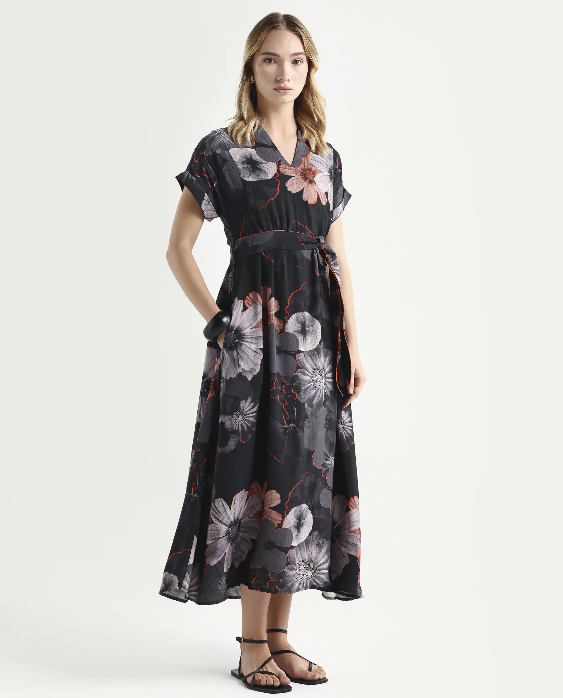 Rareism Women's Ringel Black Polyester Blend V-Neck Floral Print Extended Sleeves Maxi Regular Fit Dress - Image 6