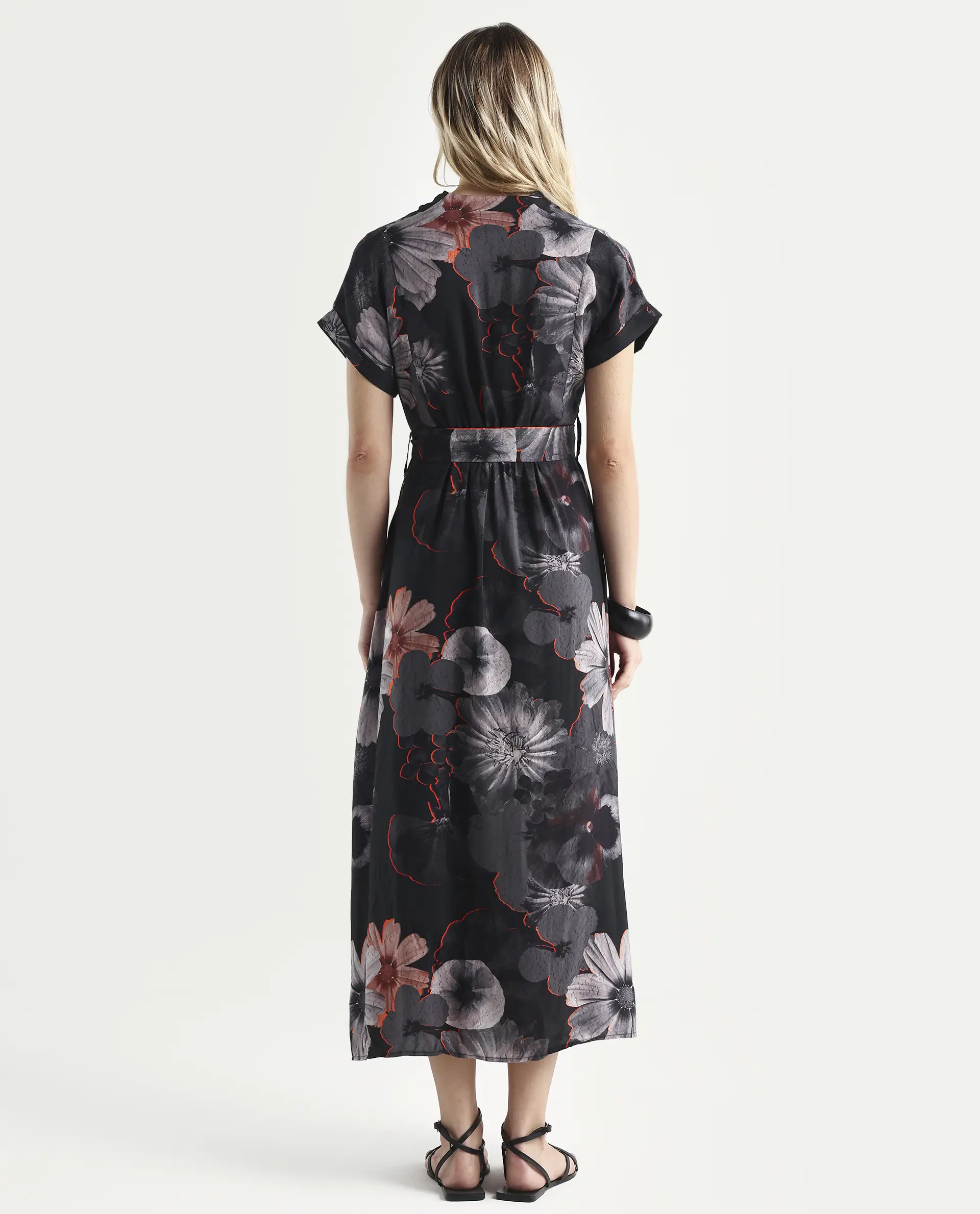 Rareism Women's Ringel Black Polyester Blend V-Neck Floral Print Extended Sleeves Maxi Regular Fit Dress - Image 7