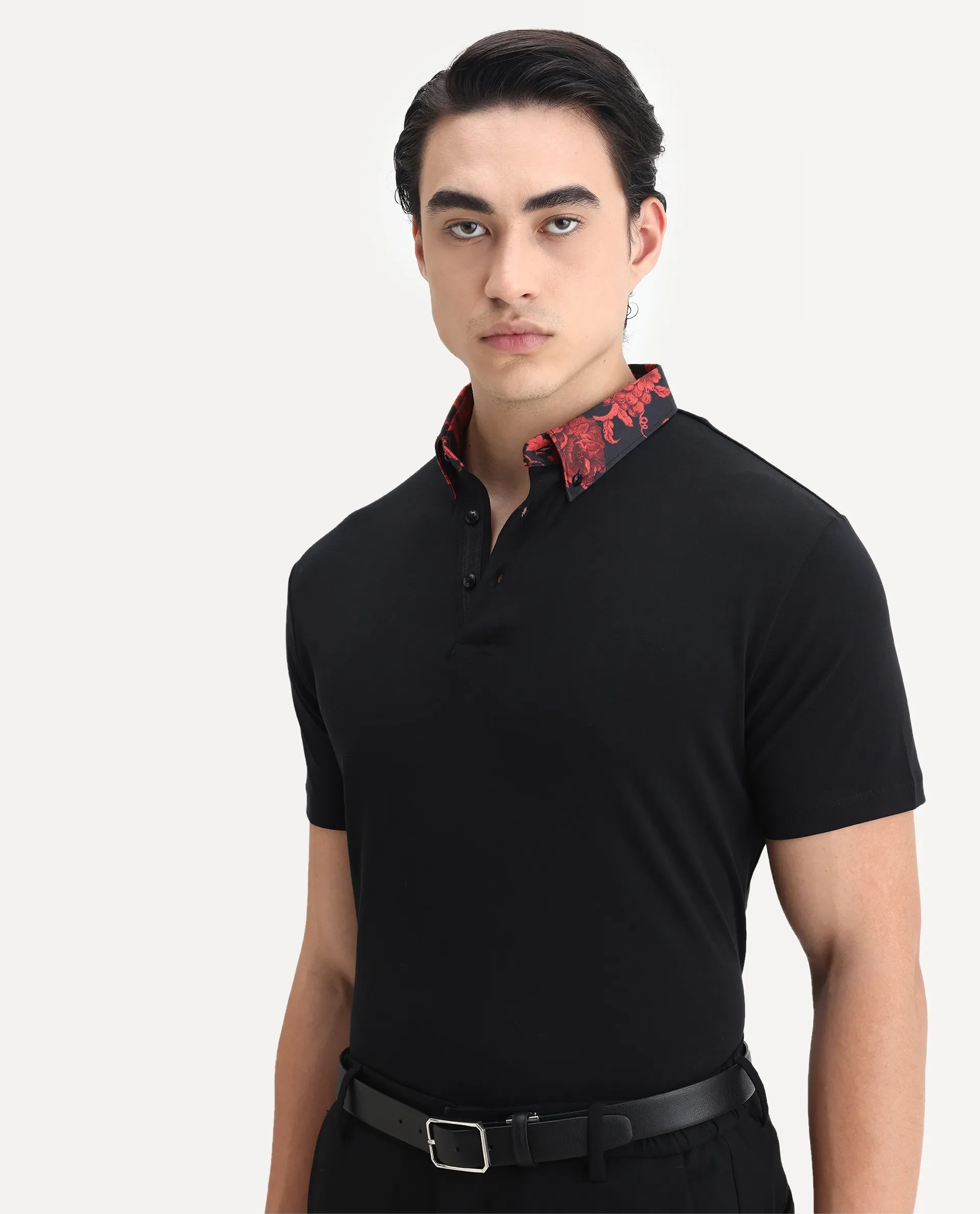 Rare Rabbit Men's Ringer-1 Black Cotton Printed Regular Fit Half Sleeve Polo