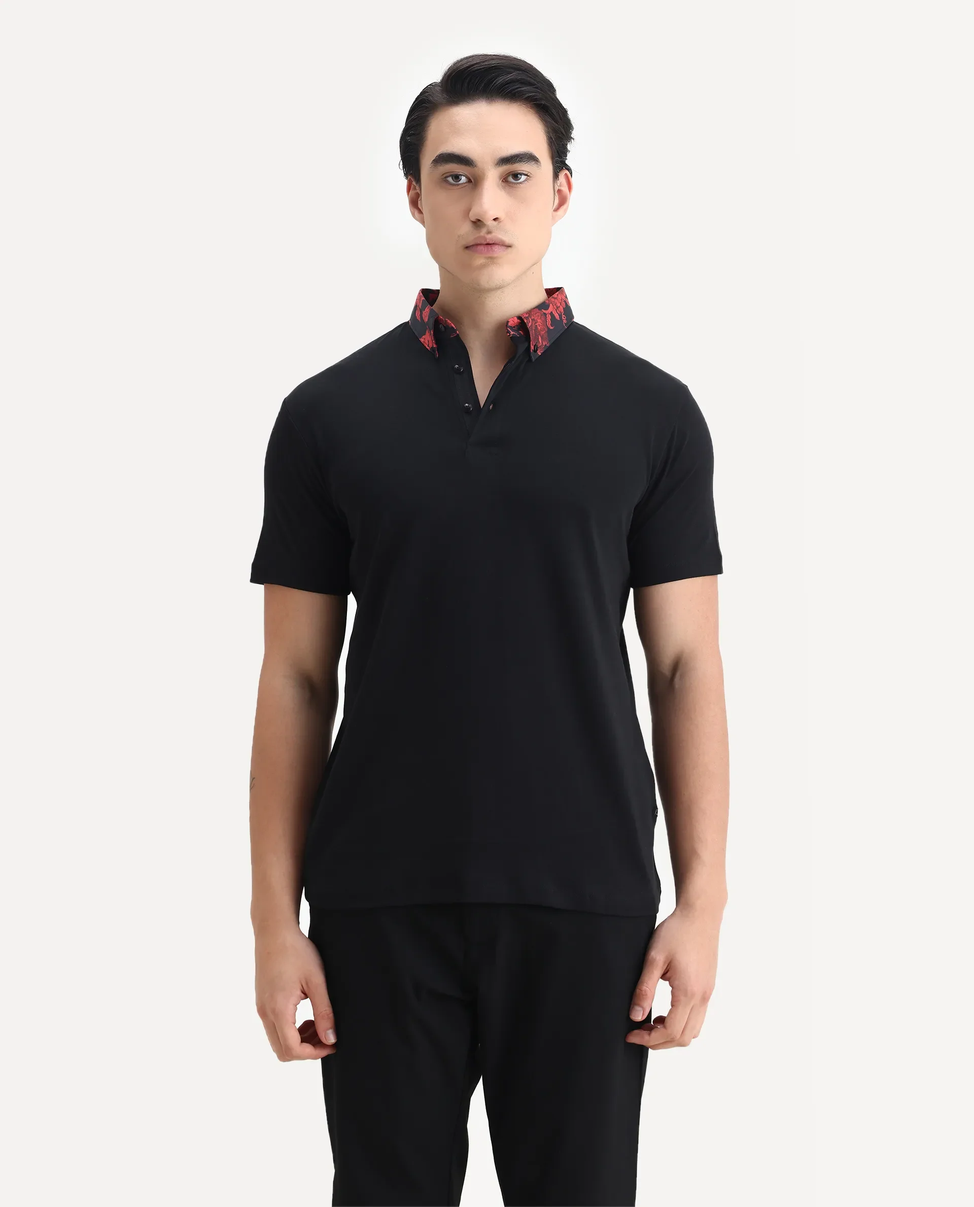 Rare Rabbit Men's Ringer-1 Black Cotton Printed Regular Fit Half Sleeve Polo - Image 4