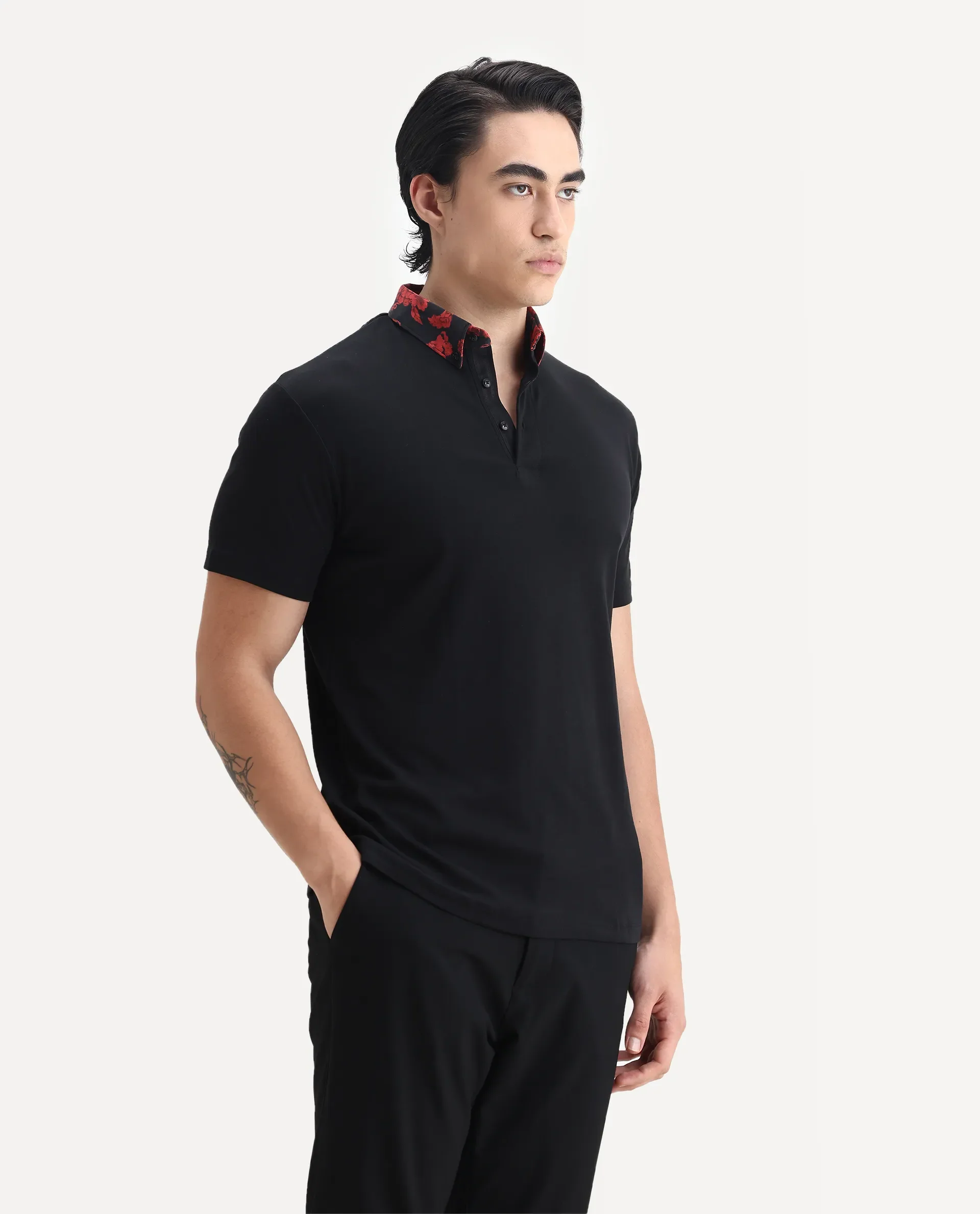 Rare Rabbit Men's Ringer-1 Black Cotton Printed Regular Fit Half Sleeve Polo - Image 6