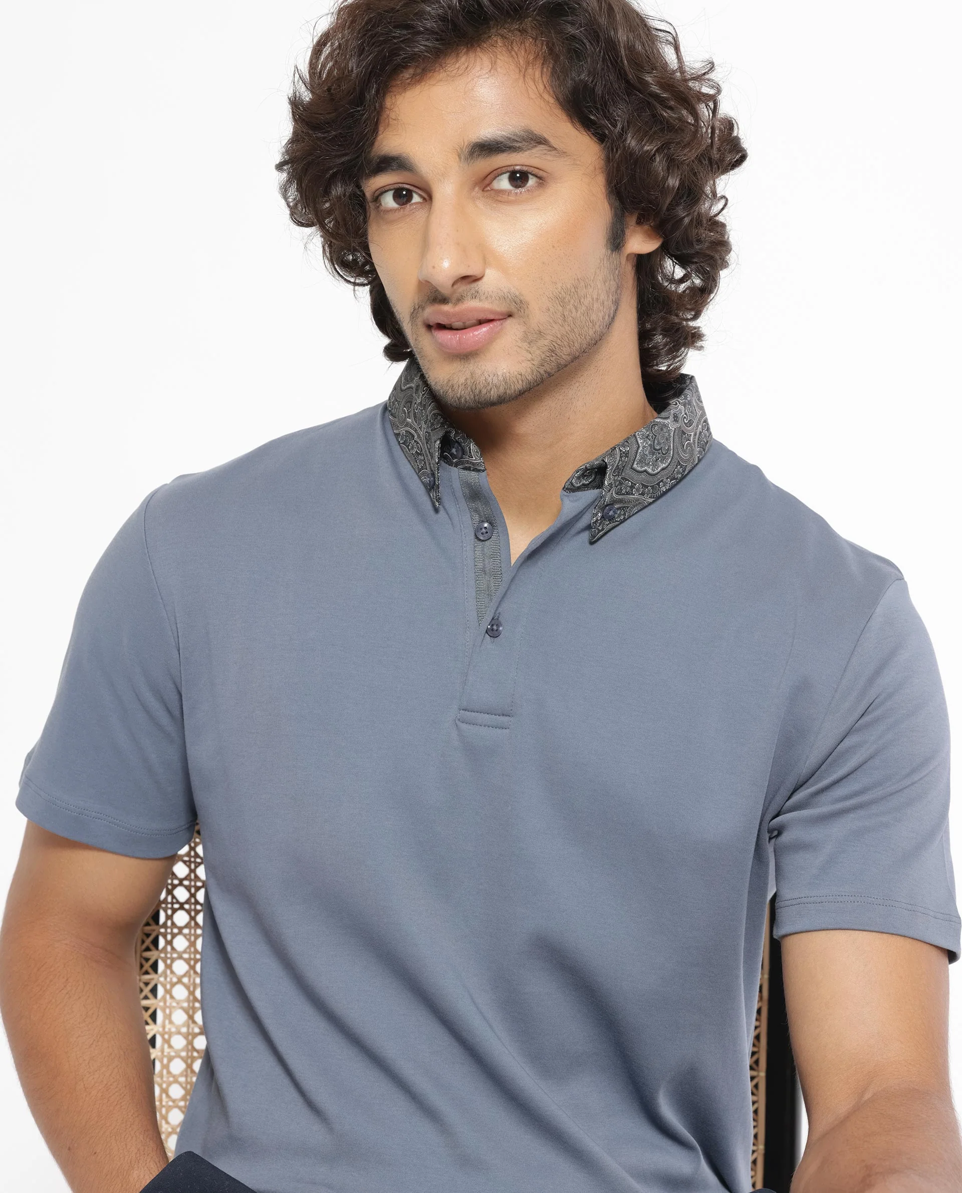 Rare Rabbit Men's Ringer-1 Grey Cotton Printed Regular Fit Half Sleeve Polo