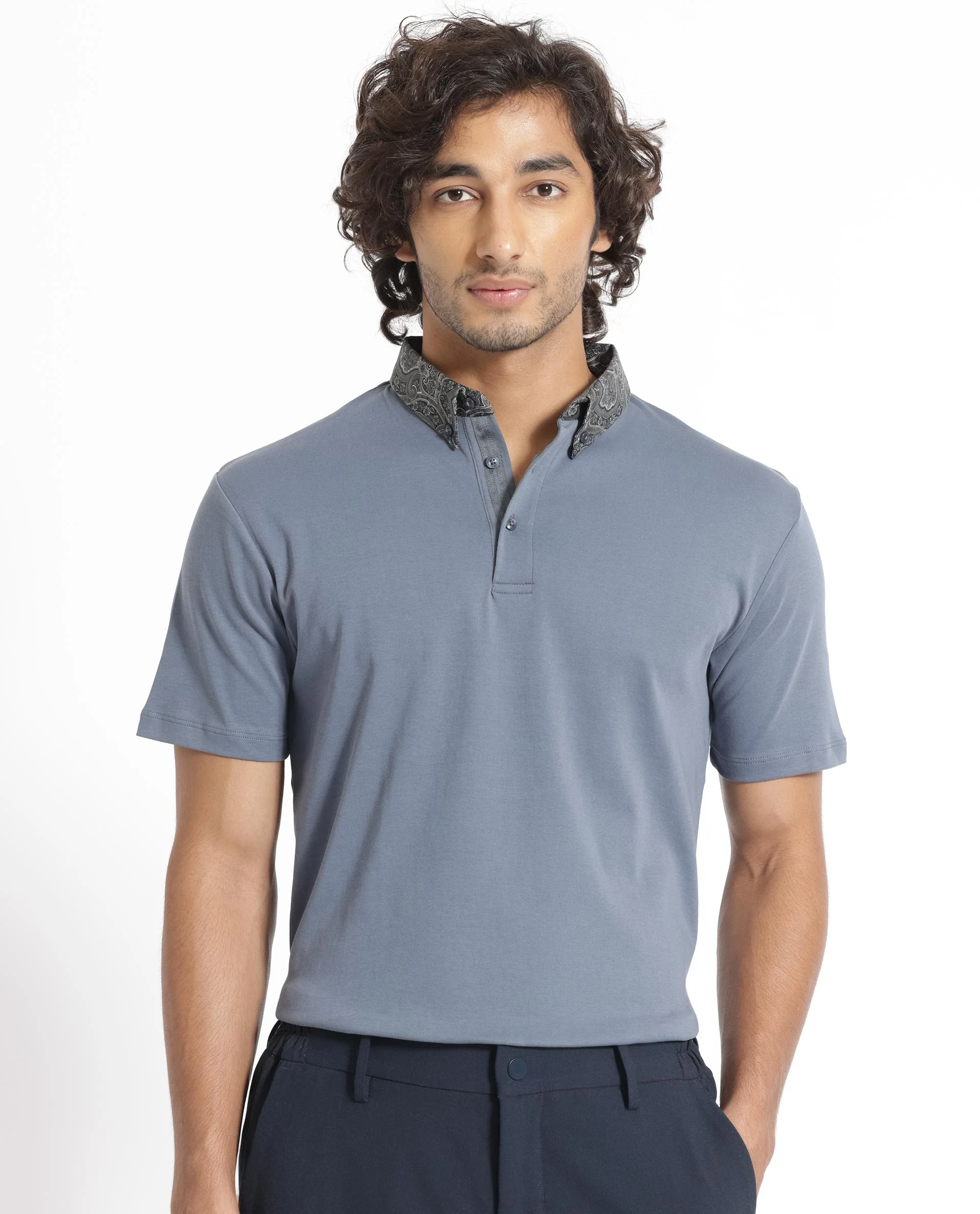 Rare Rabbit Men's Ringer-1 Grey Cotton Printed Regular Fit Half Sleeve Polo - Image 3