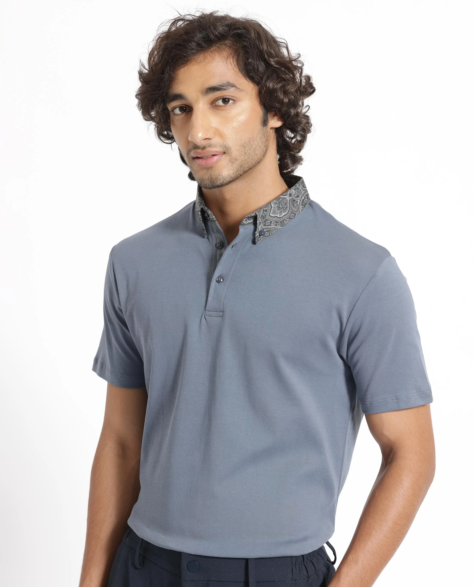 Rare Rabbit Men's Ringer-1 Grey Cotton Printed Regular Fit Half Sleeve Polo - Image 4