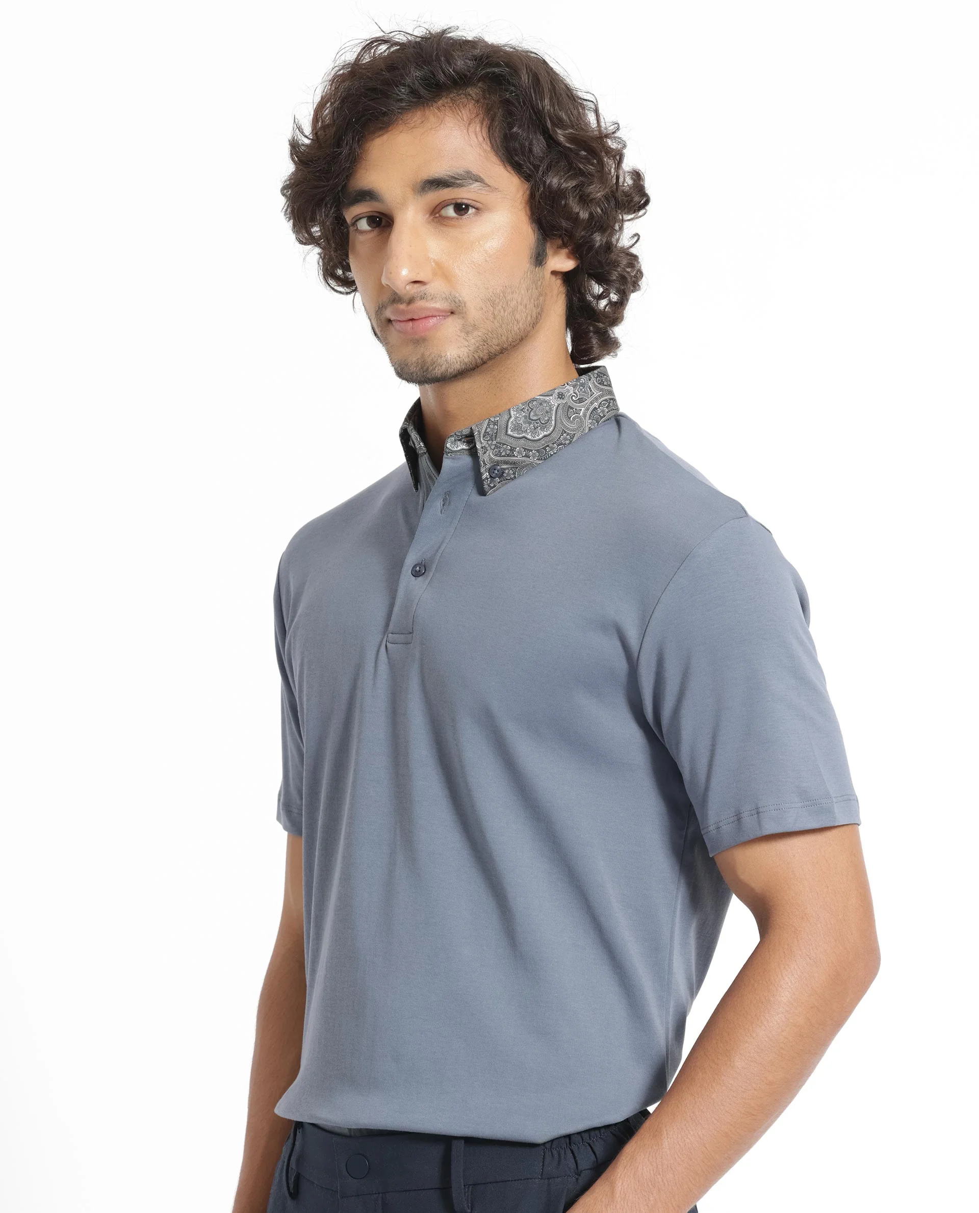 Rare Rabbit Men's Ringer-1 Grey Cotton Printed Regular Fit Half Sleeve Polo - Image 6