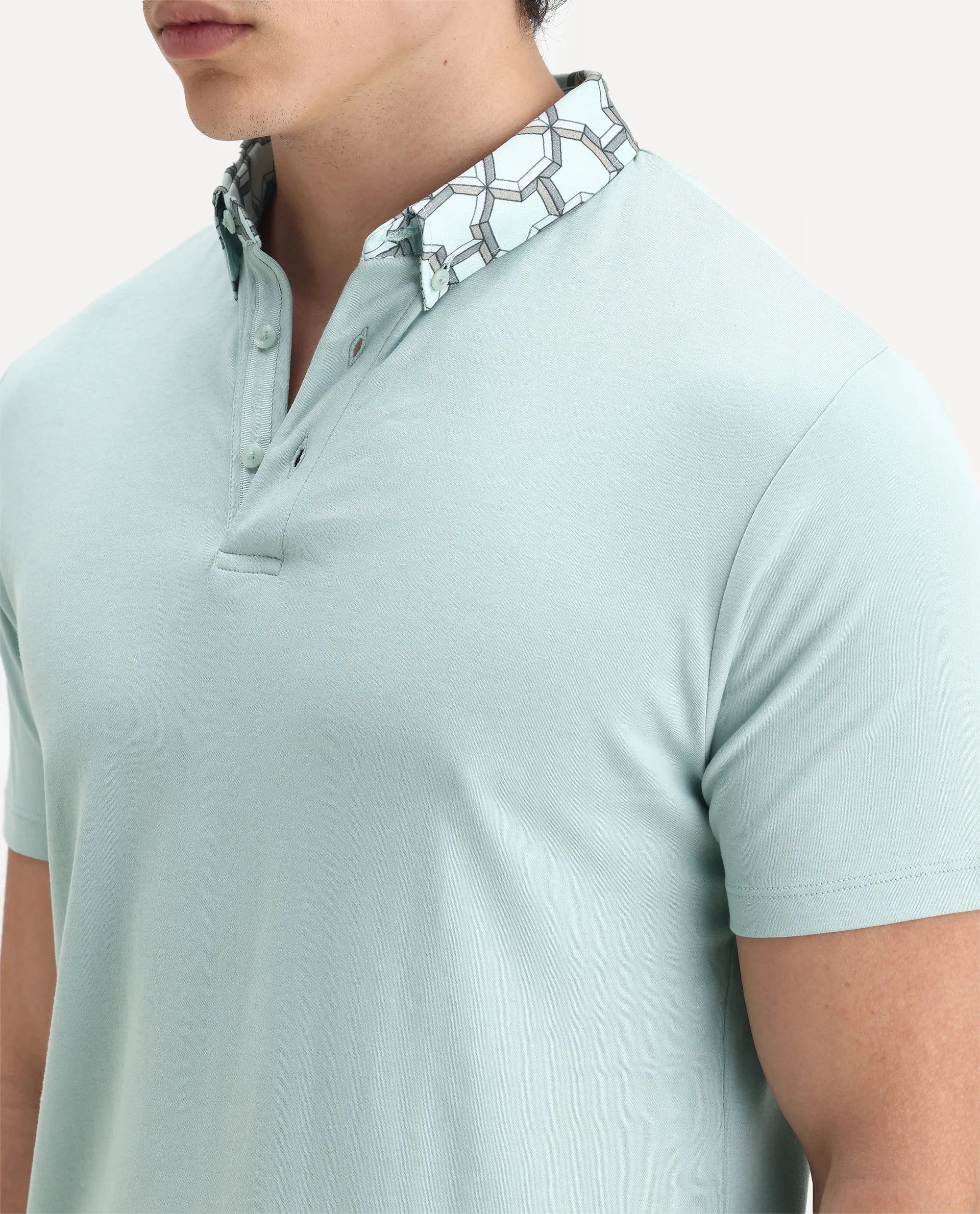 Rare Rabbit Men's Ringer-1 Light Green Cotton Printed Regular Fit Half Sleeve Polo - Image 3