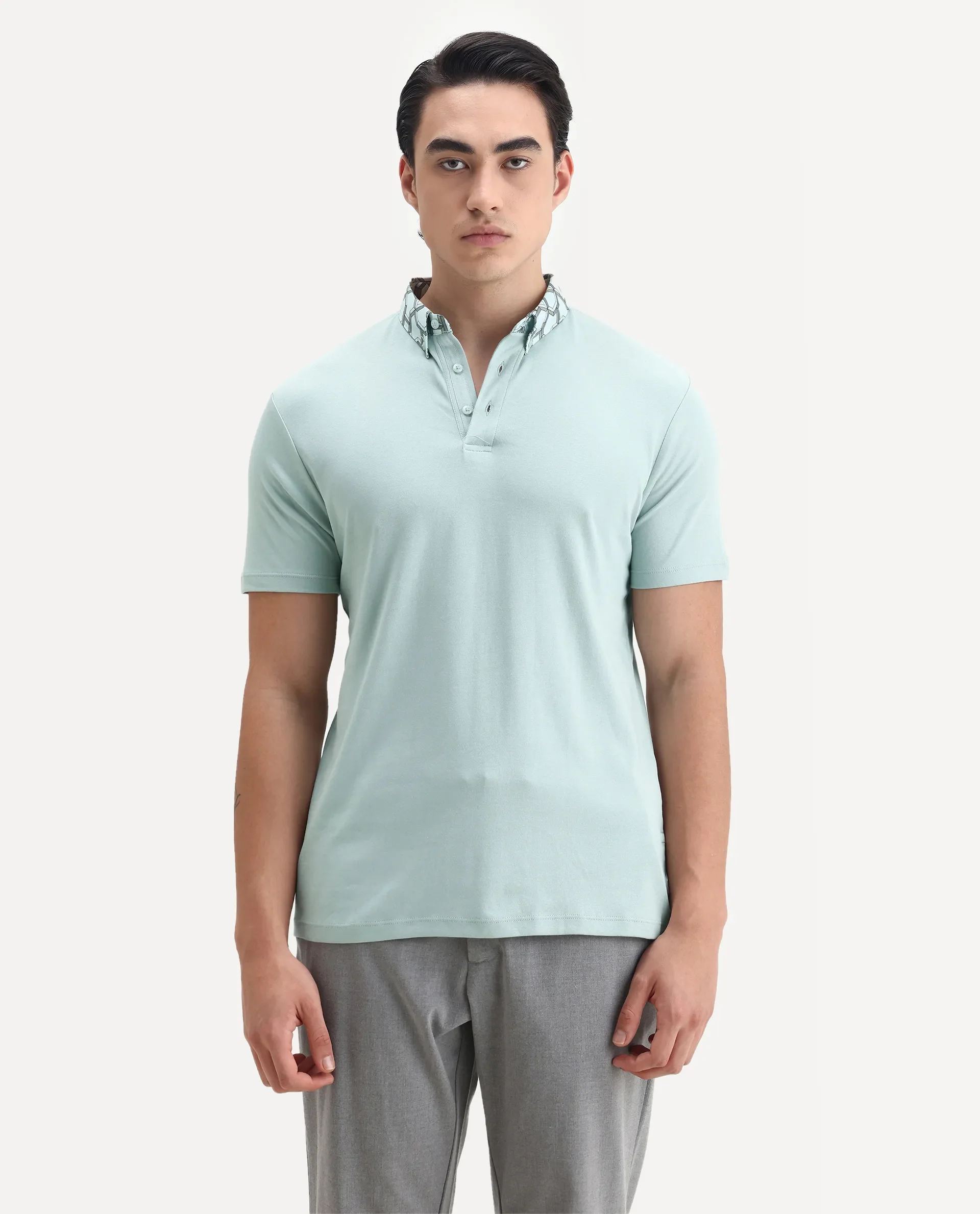Rare Rabbit Men's Ringer-1 Light Green Cotton Printed Regular Fit Half Sleeve Polo - Image 4