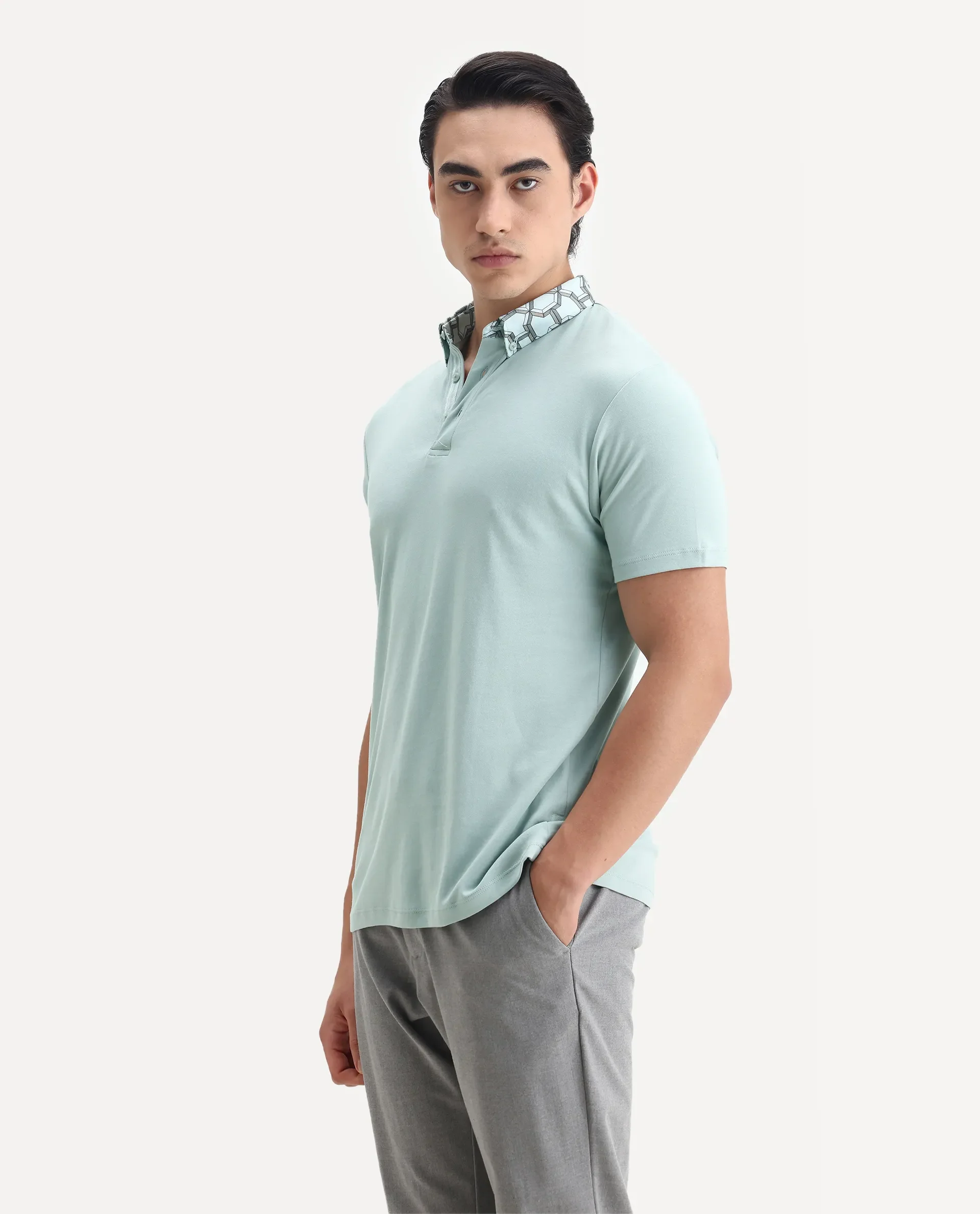 Rare Rabbit Men's Ringer-1 Light Green Cotton Printed Regular Fit Half Sleeve Polo - Image 5