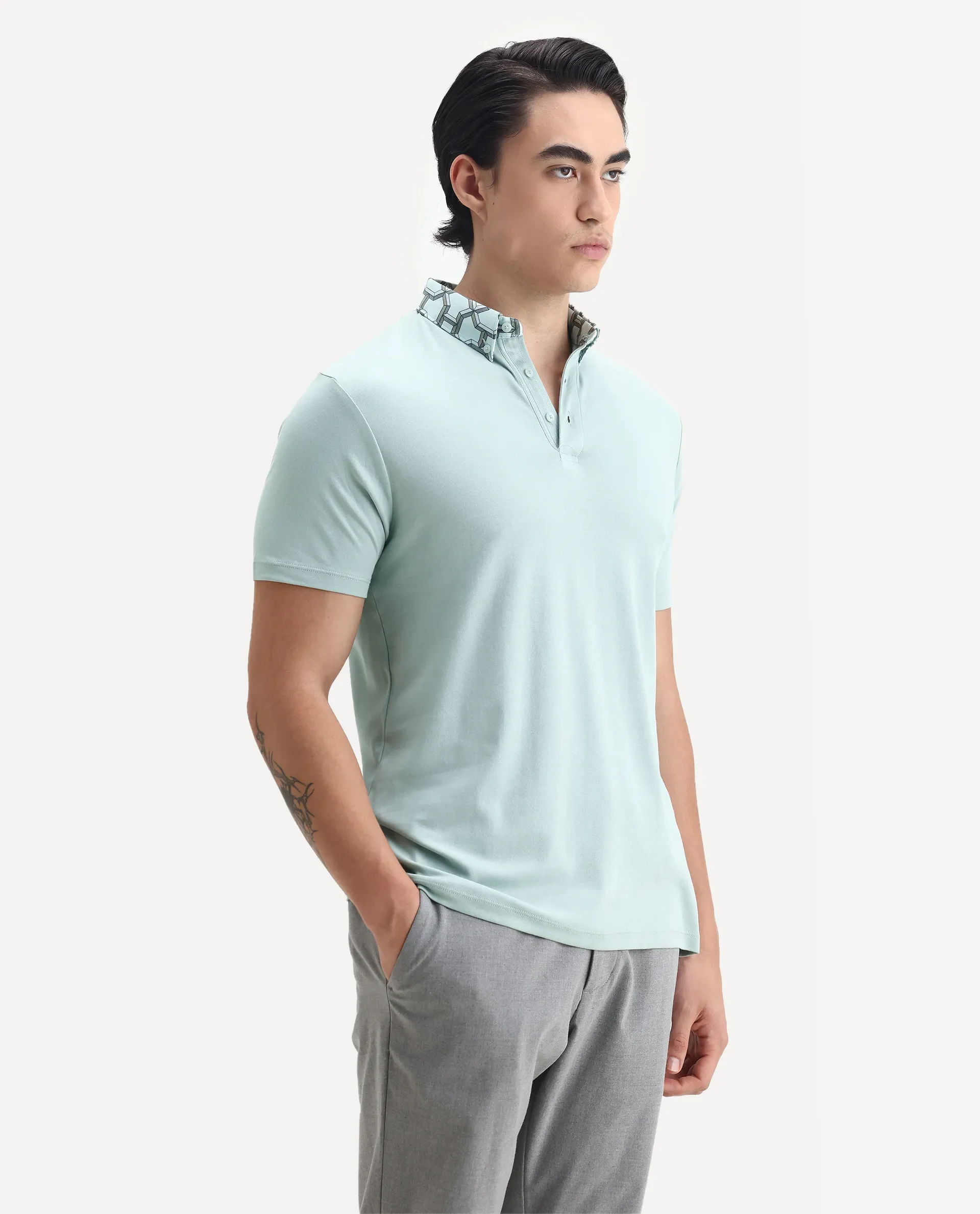 Rare Rabbit Men's Ringer-1 Light Green Cotton Printed Regular Fit Half Sleeve Polo - Image 6