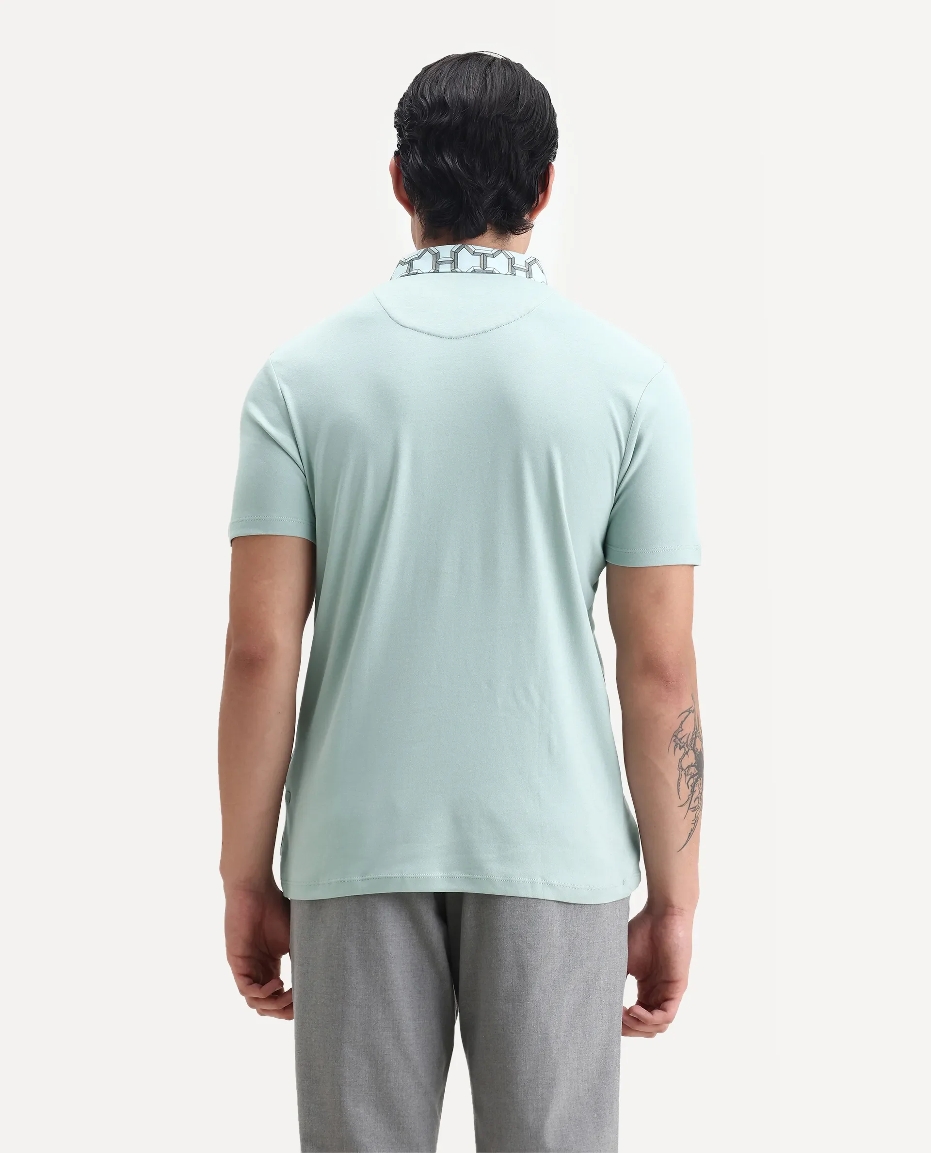 Rare Rabbit Men's Ringer-1 Light Green Cotton Printed Regular Fit Half Sleeve Polo - Image 7