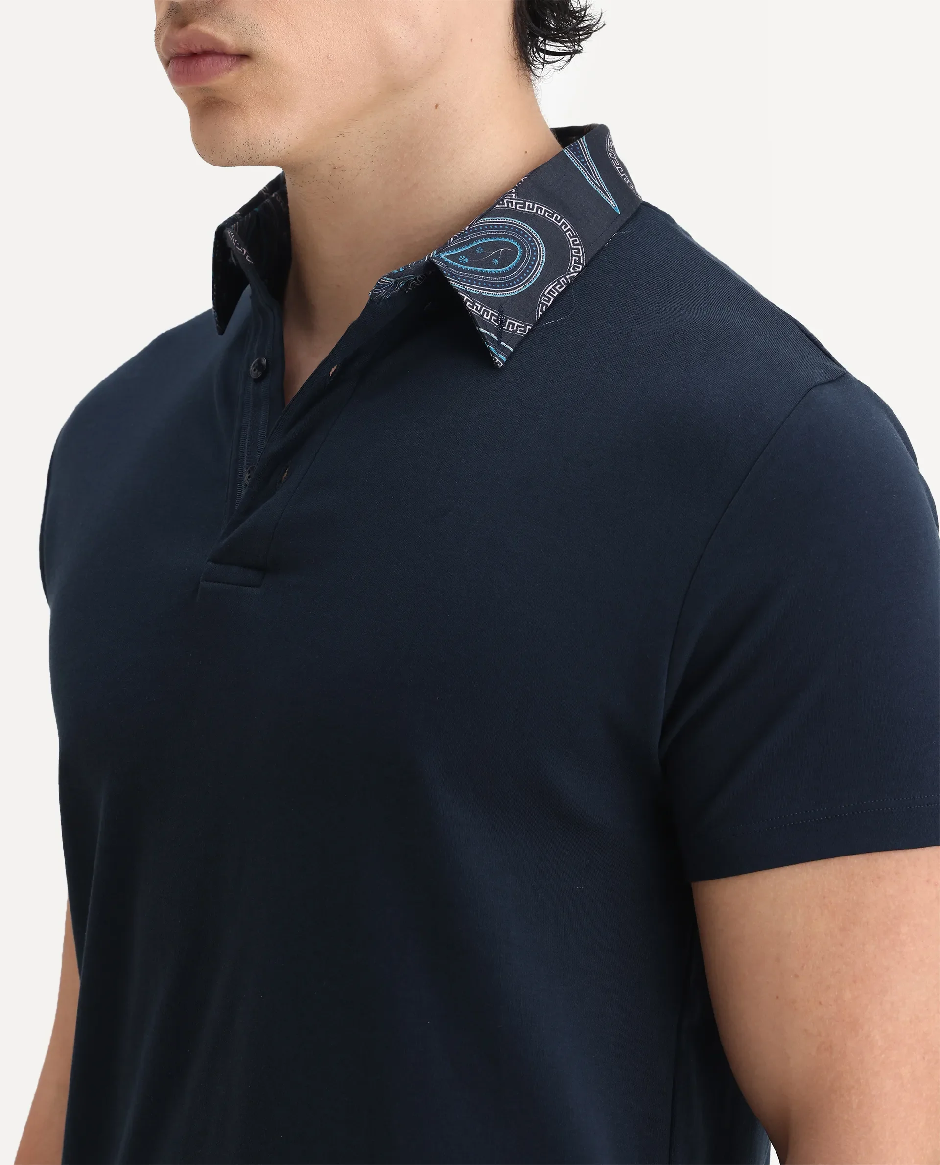 Rare Rabbit Men's Ringer-1 Navy Cotton Printed Regular Fit Half Sleeve Polo - Image 3