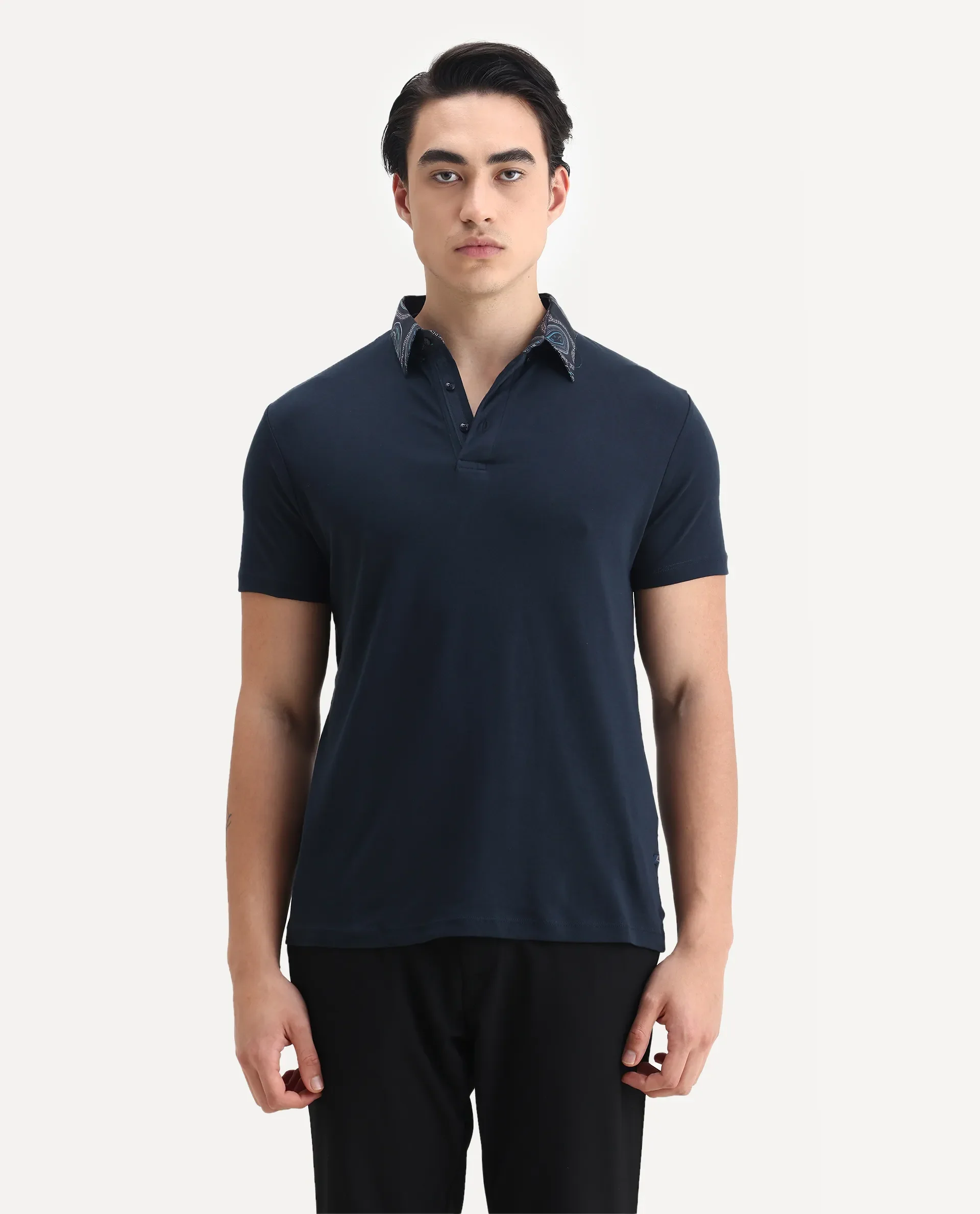 Rare Rabbit Men's Ringer-1 Navy Cotton Printed Regular Fit Half Sleeve Polo - Image 4