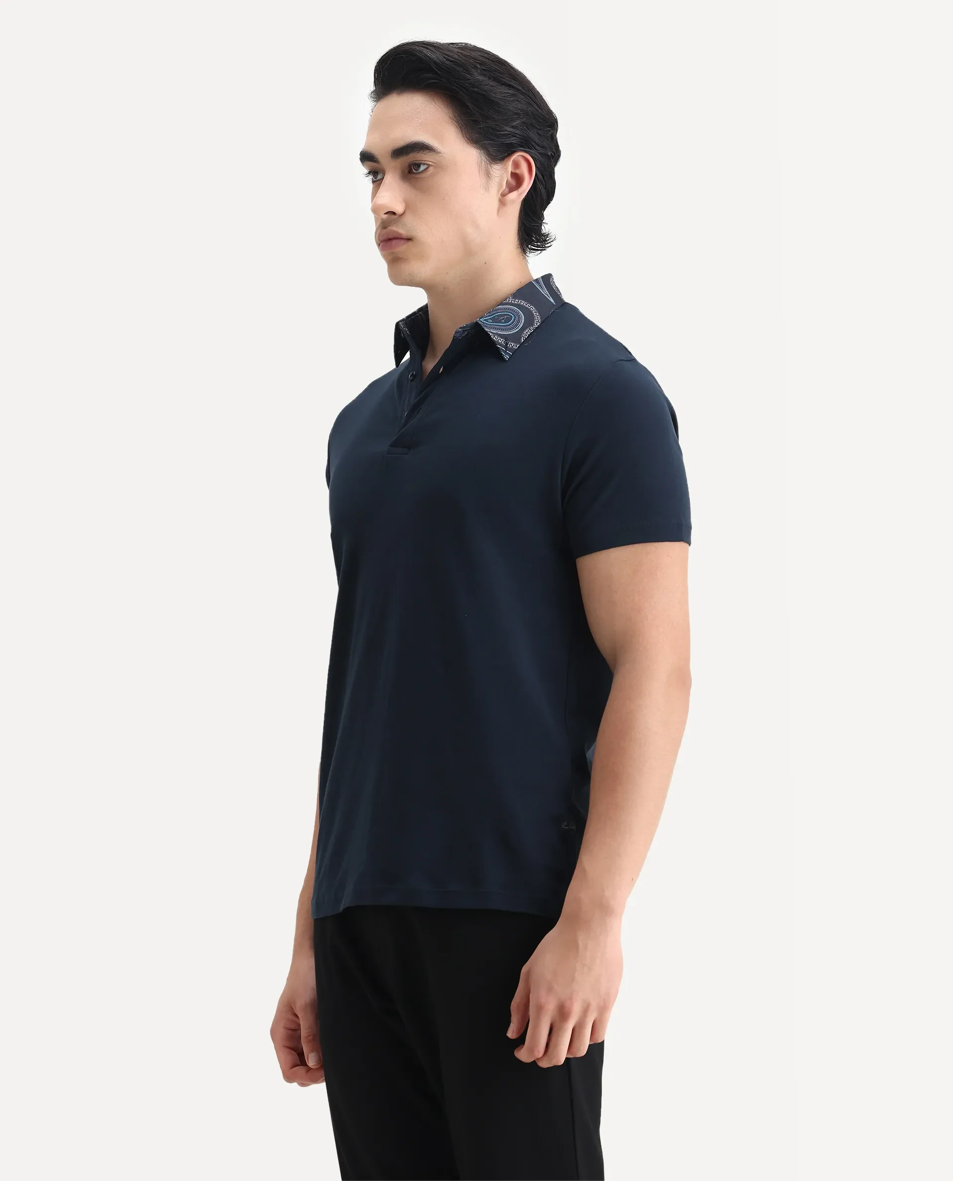 Rare Rabbit Men's Ringer-1 Navy Cotton Printed Regular Fit Half Sleeve Polo - Image 5