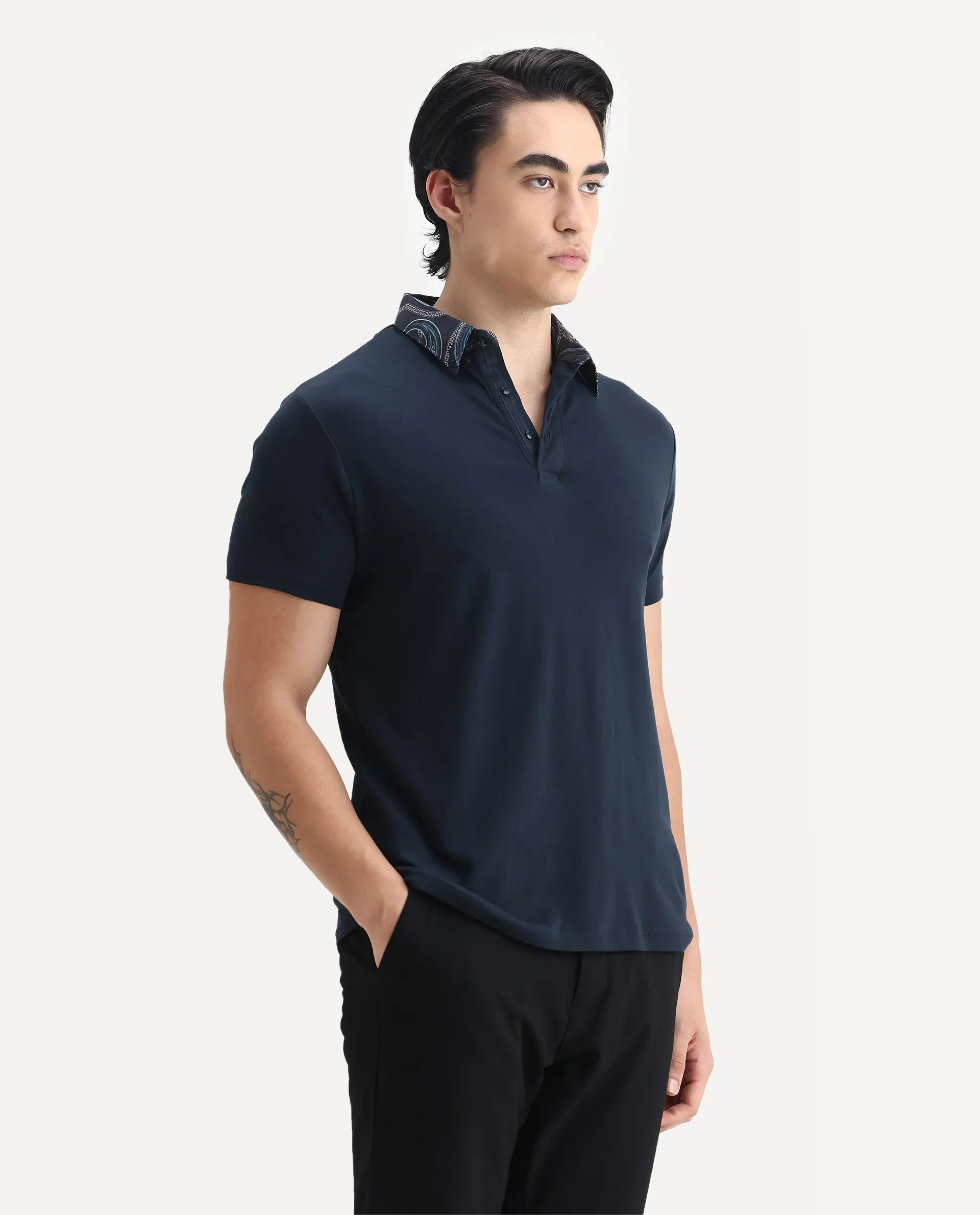 Rare Rabbit Men's Ringer-1 Navy Cotton Printed Regular Fit Half Sleeve Polo - Image 6