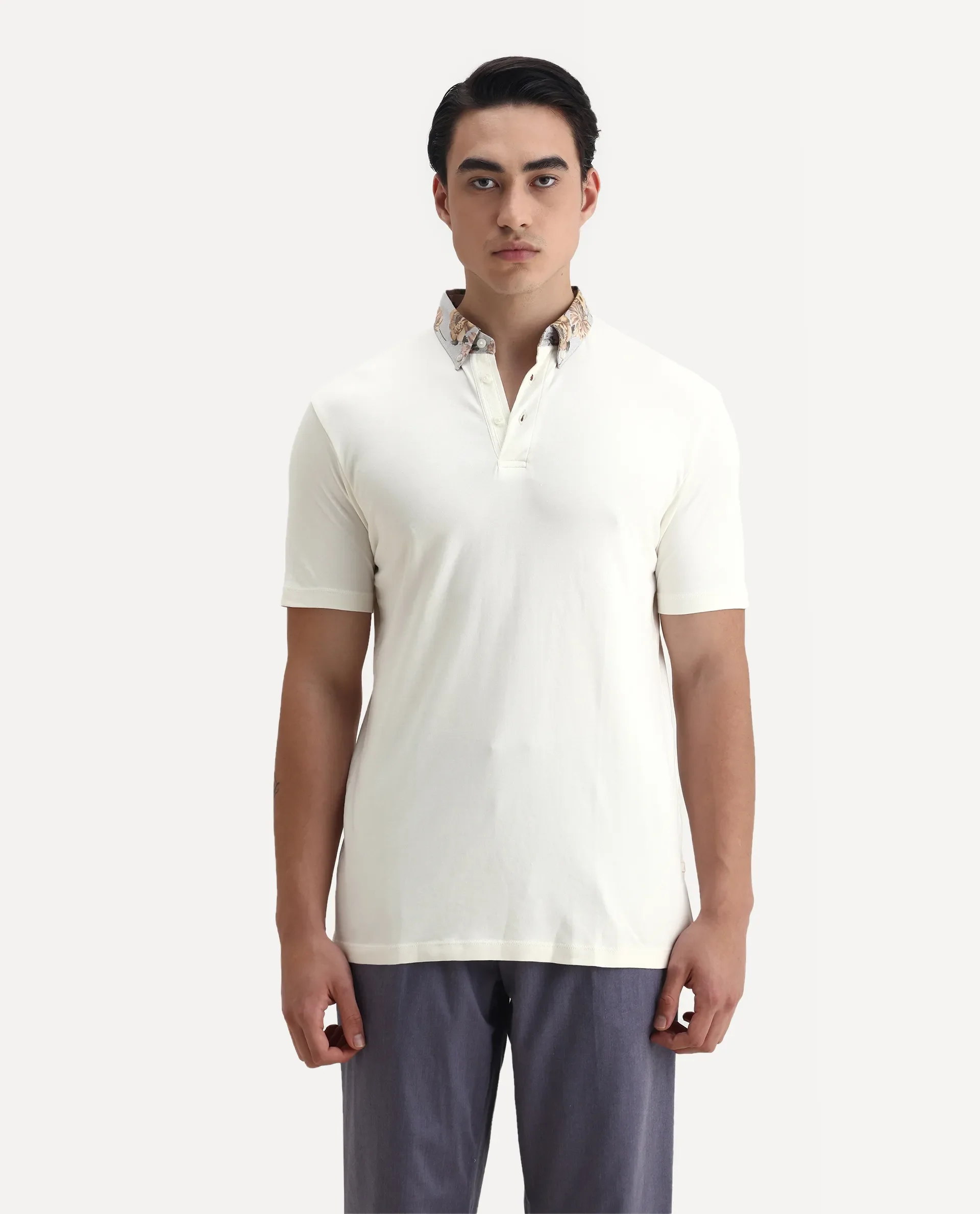 Rare Rabbit Men's Ringer-1 Off White Cotton Printed Regular Fit Half Sleeve Polo - Image 4