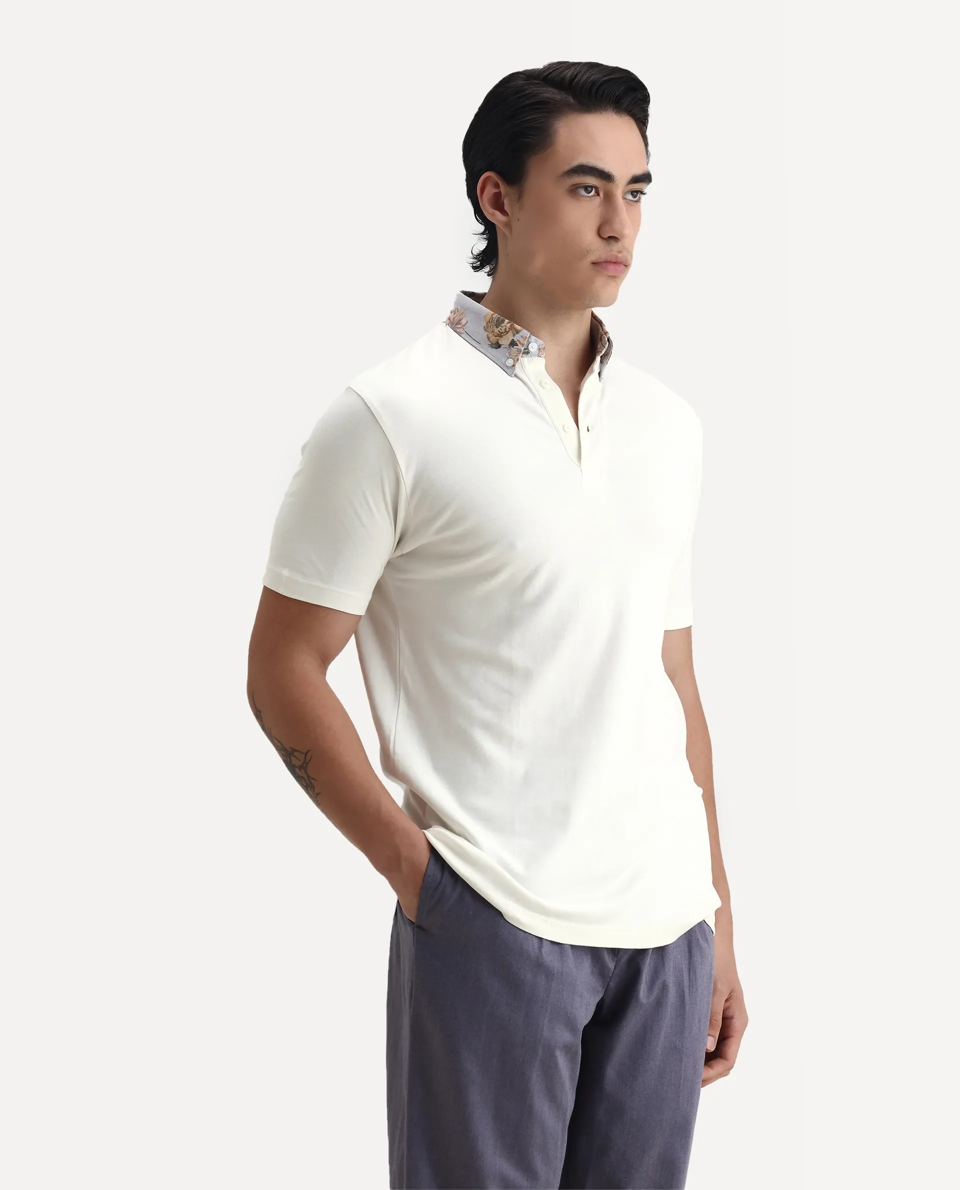Rare Rabbit Men's Ringer-1 Off White Cotton Printed Regular Fit Half Sleeve Polo - Image 6