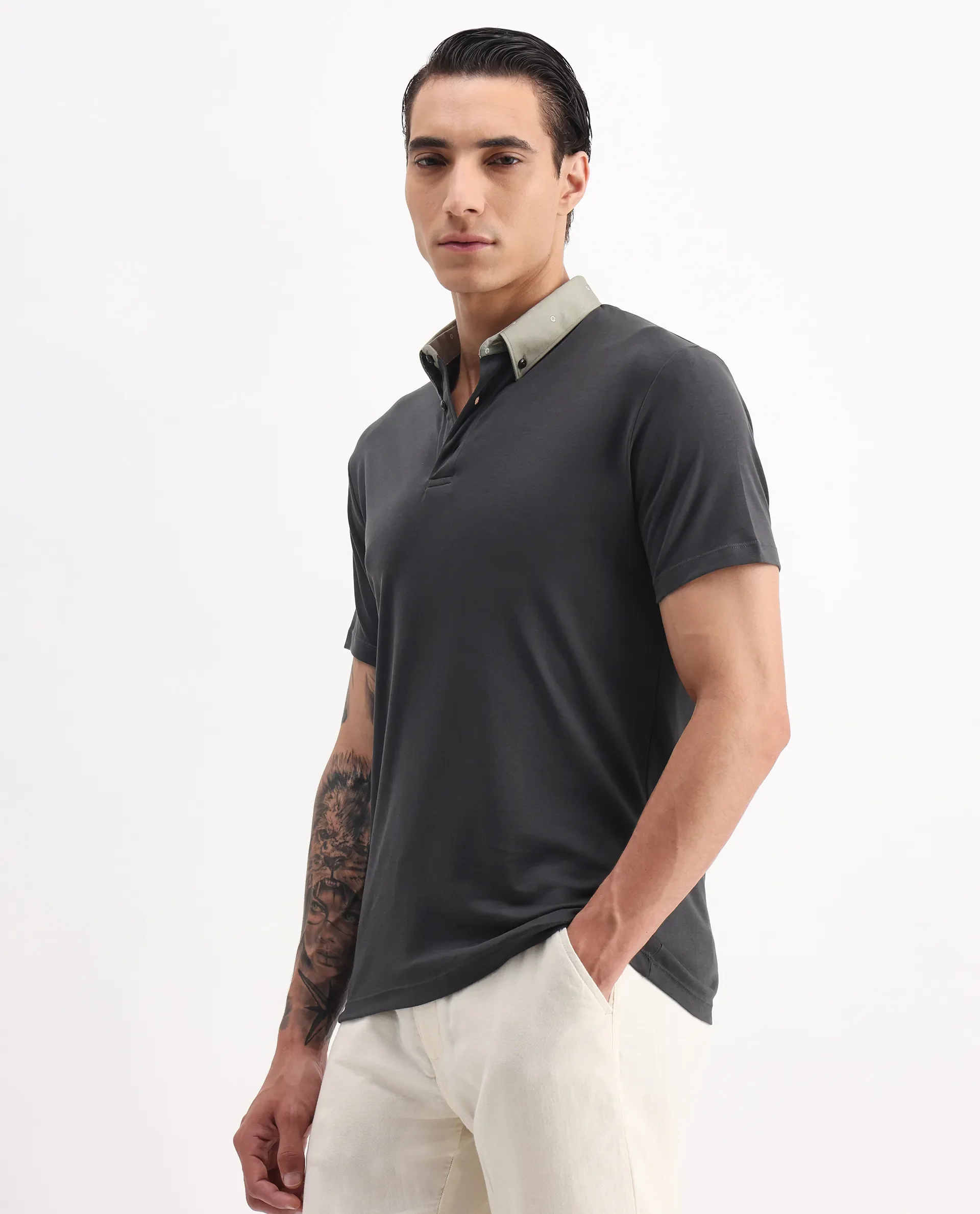 Rare Rabbit Men's Ringer-1 Olive Cotton Printed Regular Fit Half Sleeve Polo - Image 4