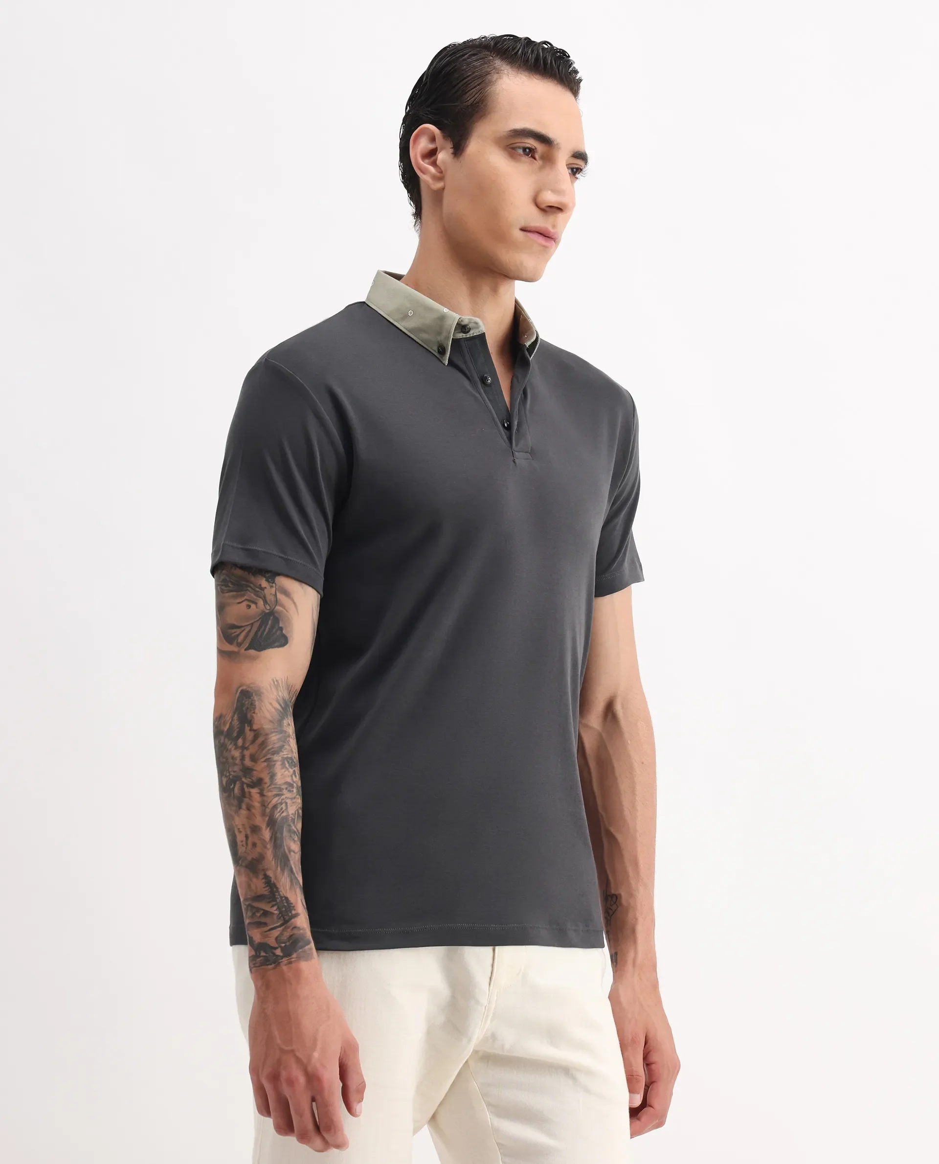 Rare Rabbit Men's Ringer-1 Olive Cotton Printed Regular Fit Half Sleeve Polo - Image 5