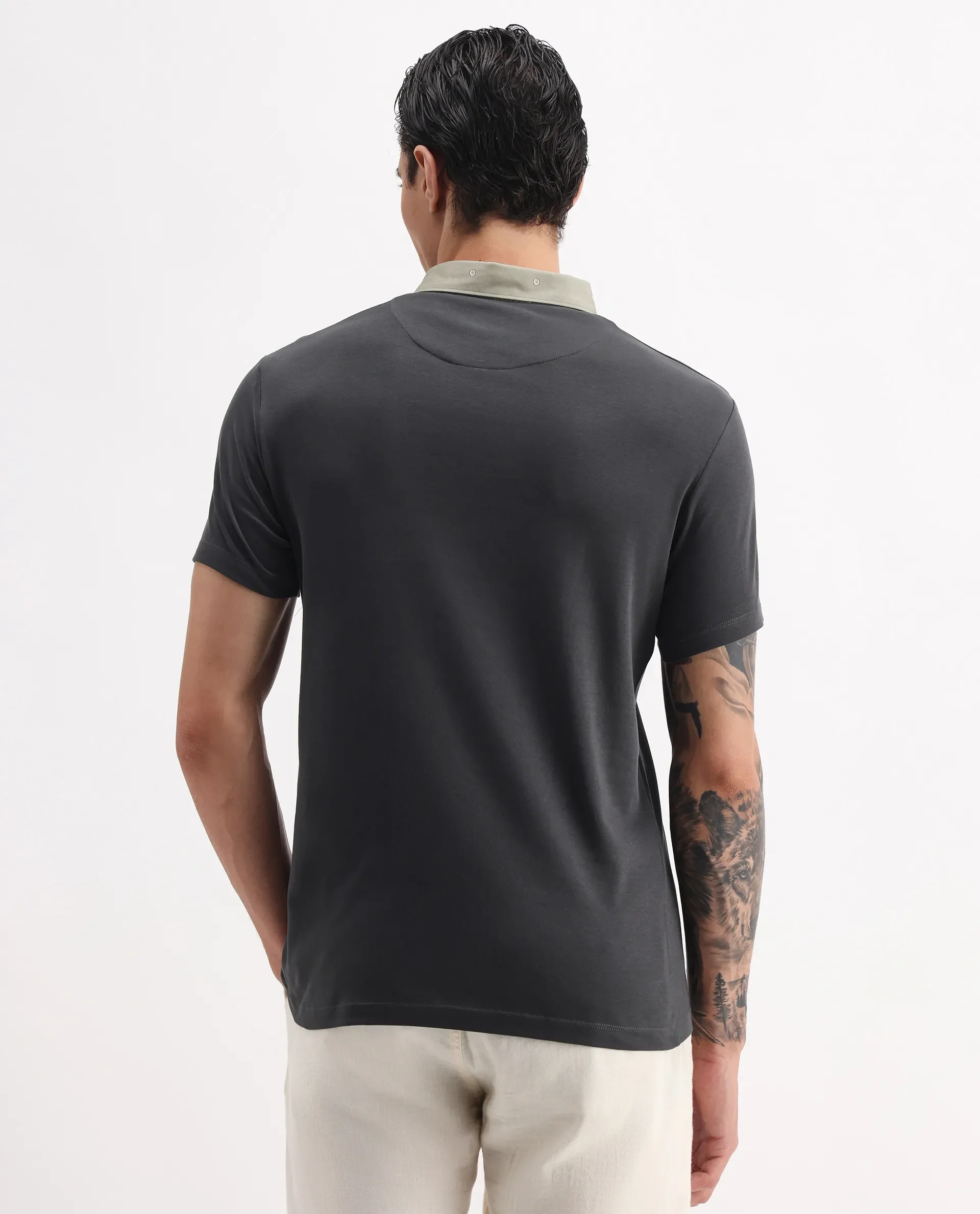 Rare Rabbit Men's Ringer-1 Olive Cotton Printed Regular Fit Half Sleeve Polo - Image 7