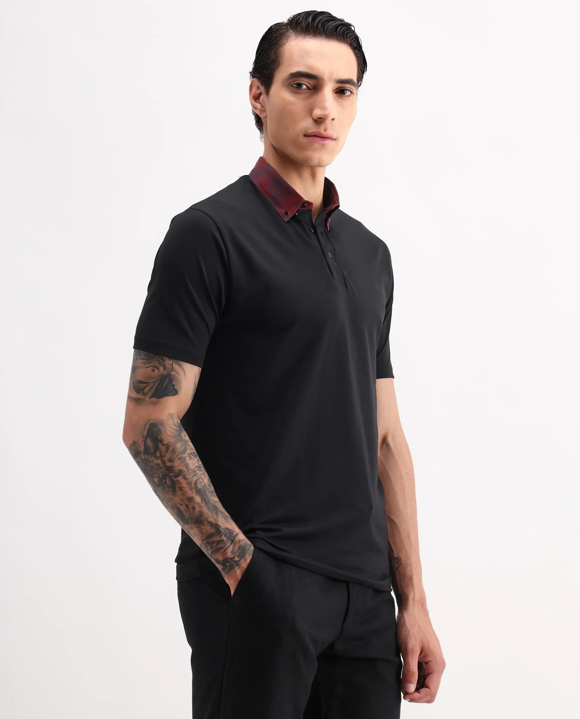 Rare Rabbit Men's Ringer-2 Black Cotton Plain Regular Fit Half Sleeve Polo