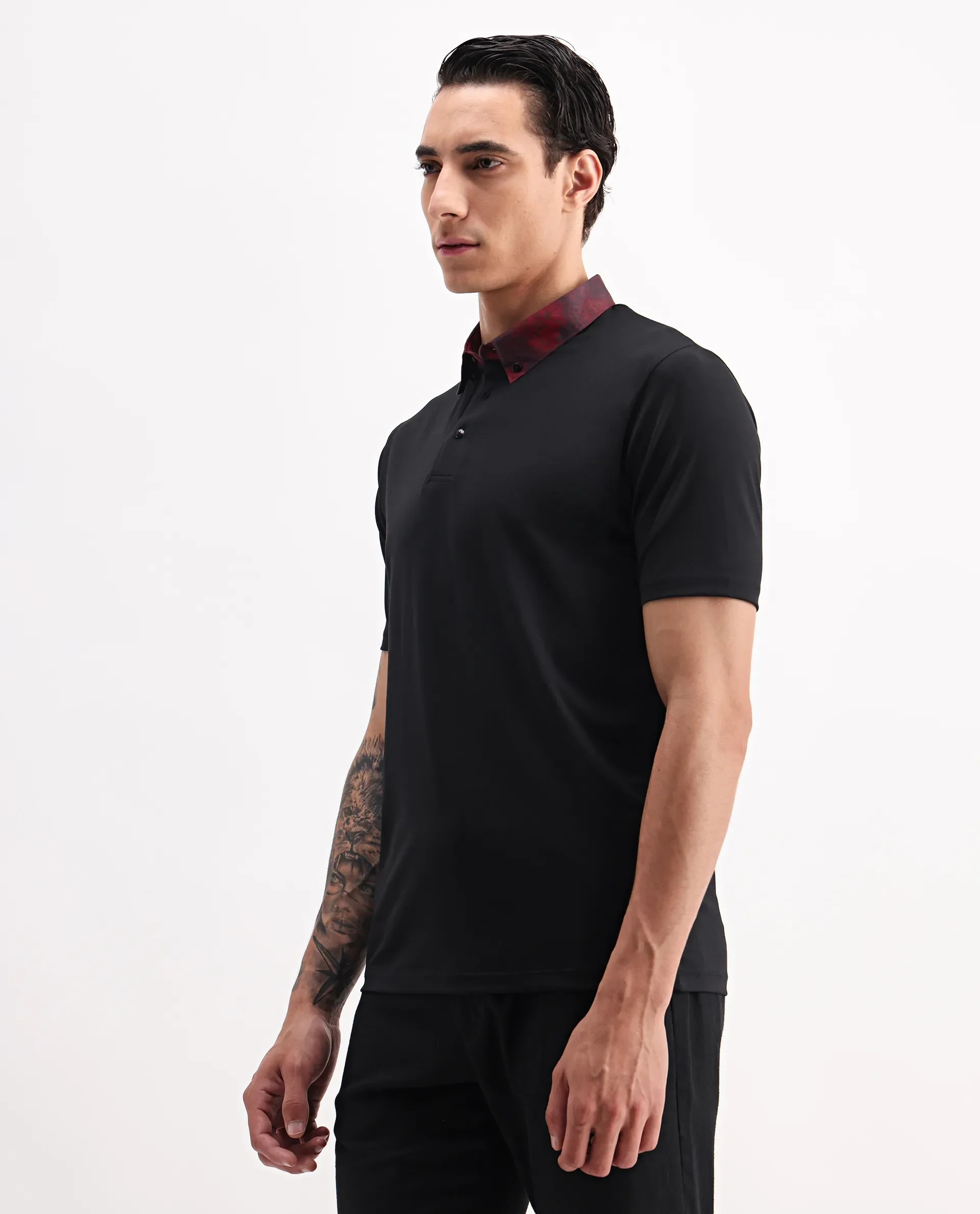 Rare Rabbit Men's Ringer-2 Black Cotton Plain Regular Fit Half Sleeve Polo - Image 2