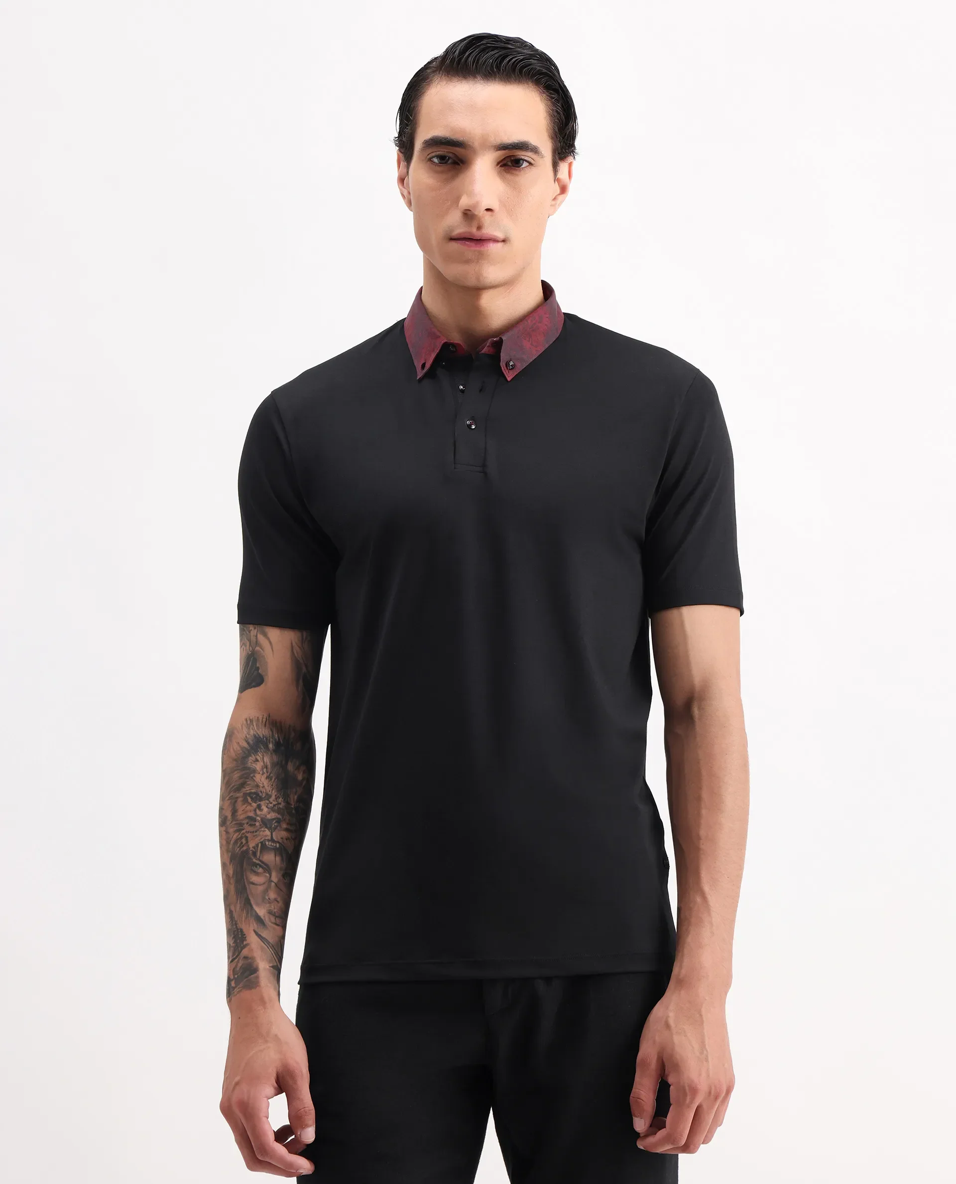 Rare Rabbit Men's Ringer-2 Black Cotton Plain Regular Fit Half Sleeve Polo - Image 3