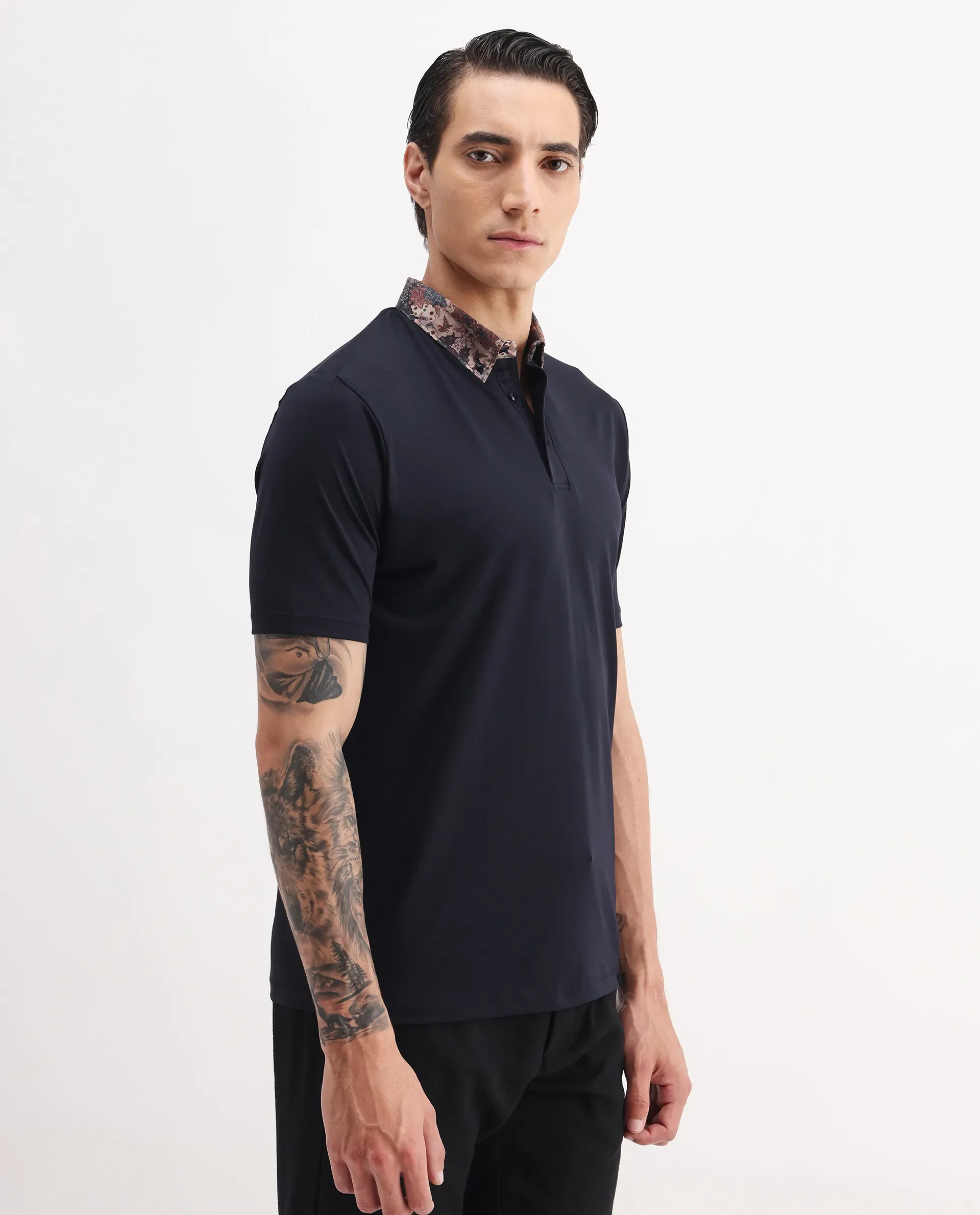 Rare Rabbit Men's Ringer-2 Dark Navy Cotton Plain Regular Fit Half Sleeve Polo - Image 5
