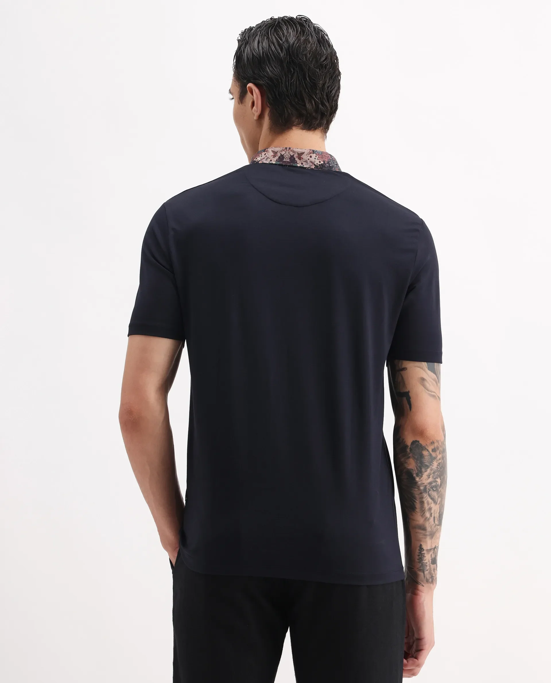Rare Rabbit Men's Ringer-2 Dark Navy Cotton Plain Regular Fit Half Sleeve Polo - Image 6