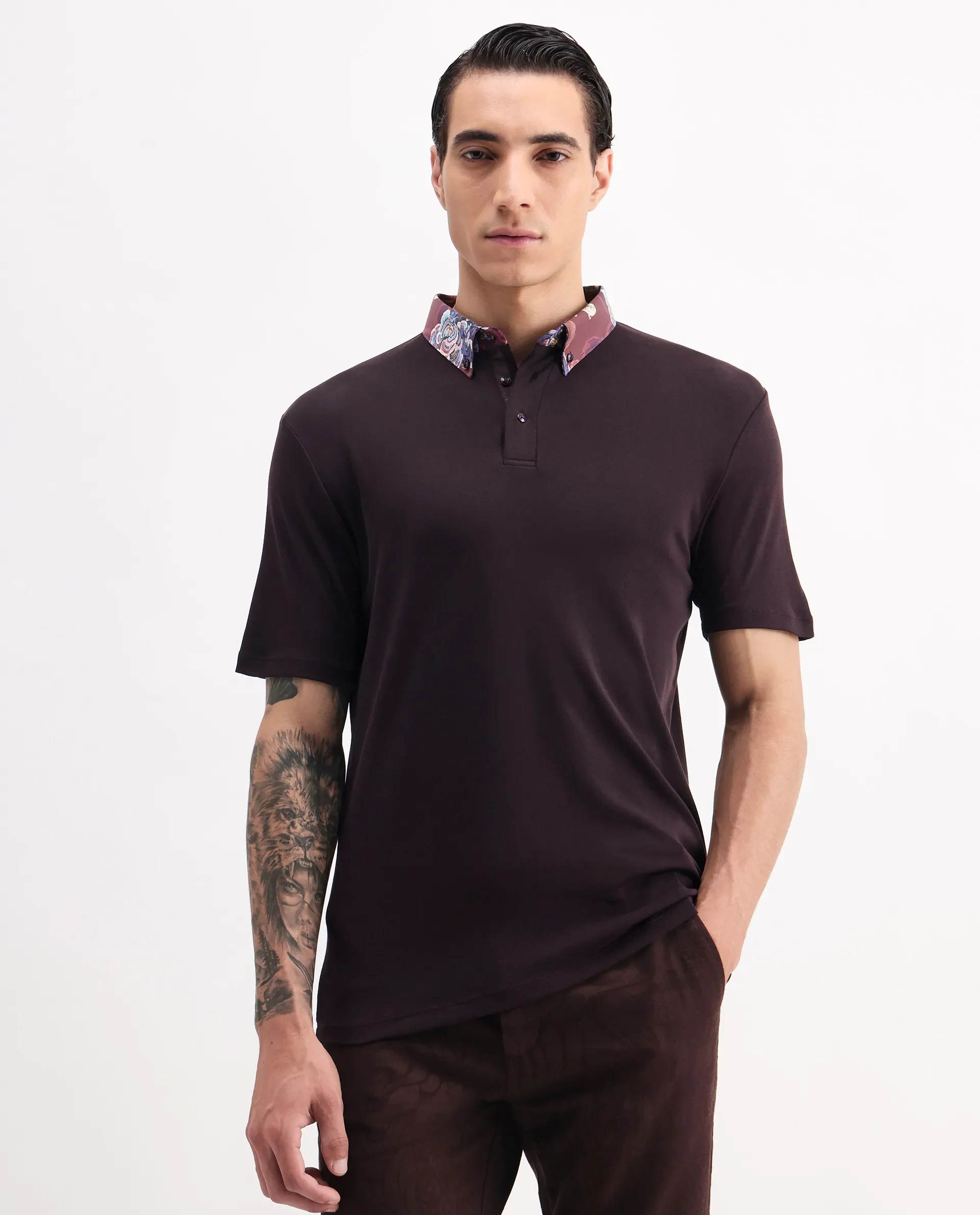 Rare Rabbit Men's Ringer 2 Dark Purple Cotton Printed Regular Fit Half Sleeve Polo - Image 3