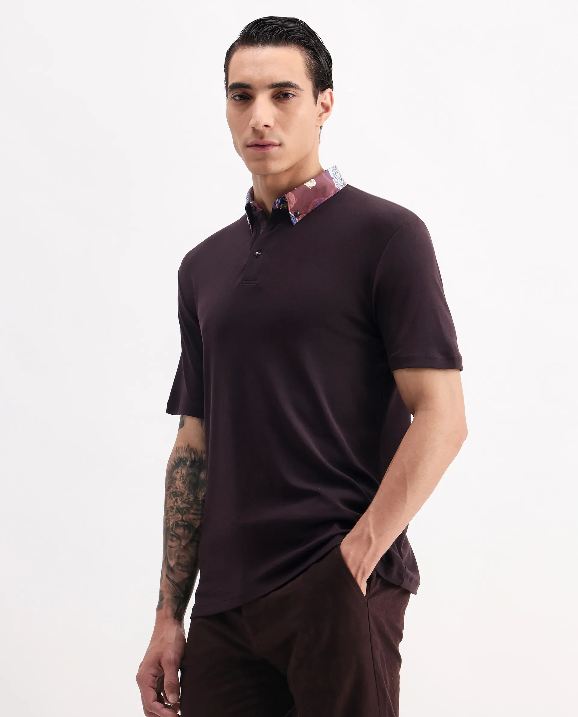 Rare Rabbit Men's Ringer 2 Dark Purple Cotton Printed Regular Fit Half Sleeve Polo - Image 4