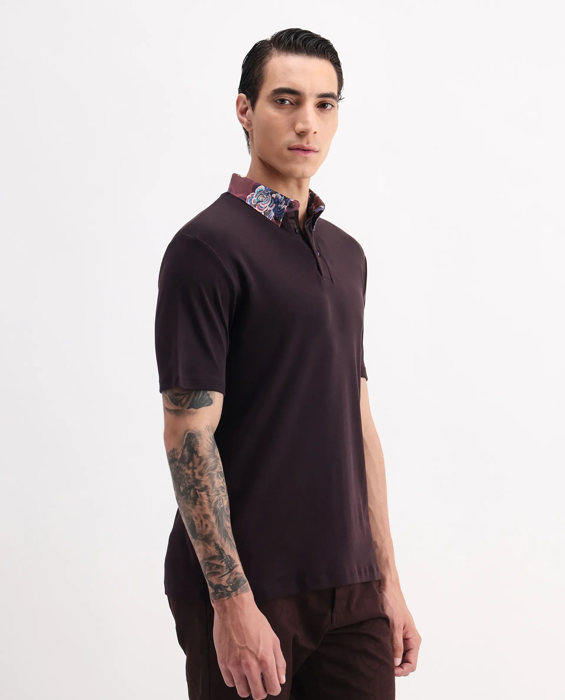 Rare Rabbit Men's Ringer 2 Dark Purple Cotton Printed Regular Fit Half Sleeve Polo - Image 5