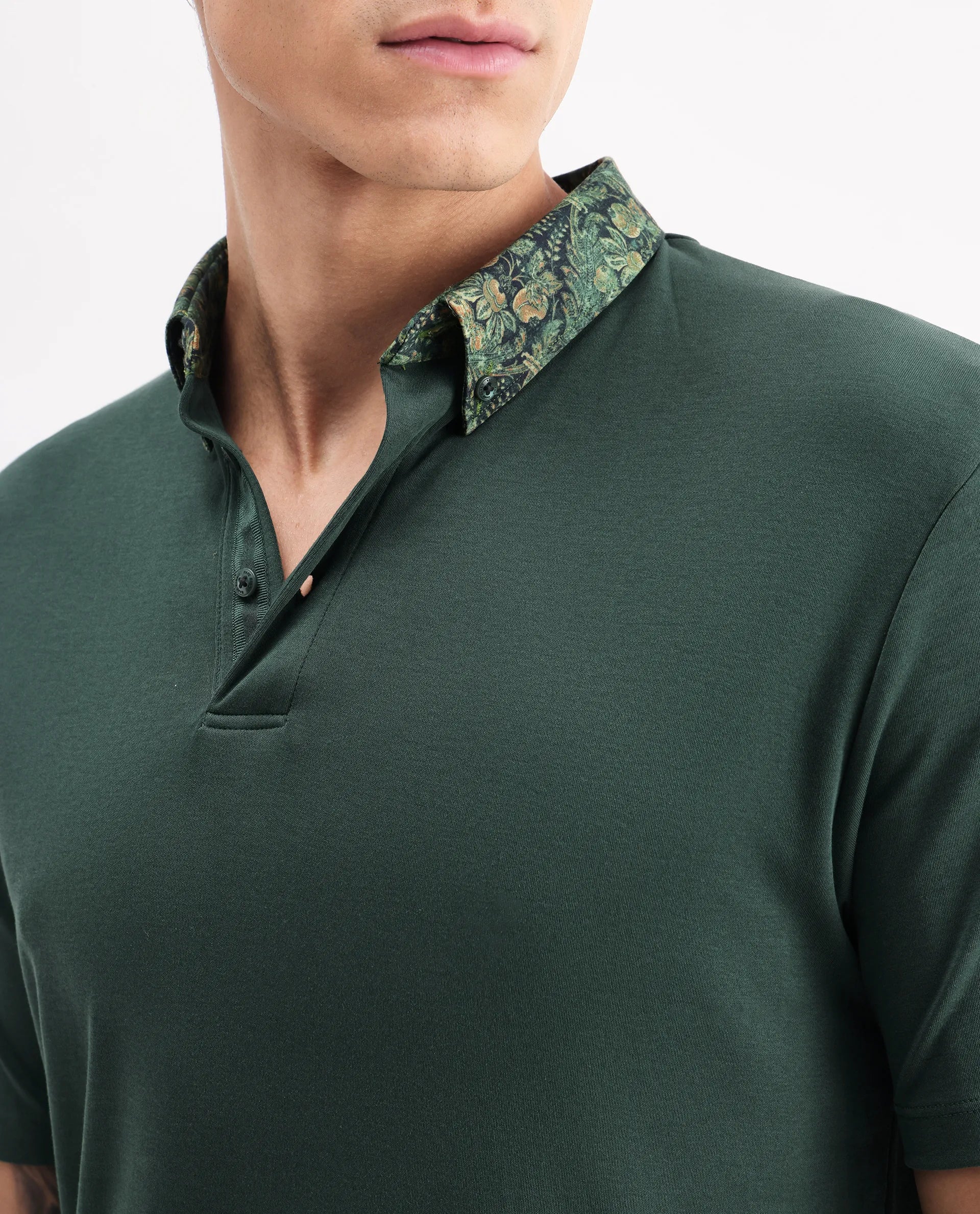 Rare Rabbit Men's Ringer2 Green Cotton Printed Regular Fit Half Sleeve Polo - Image 3