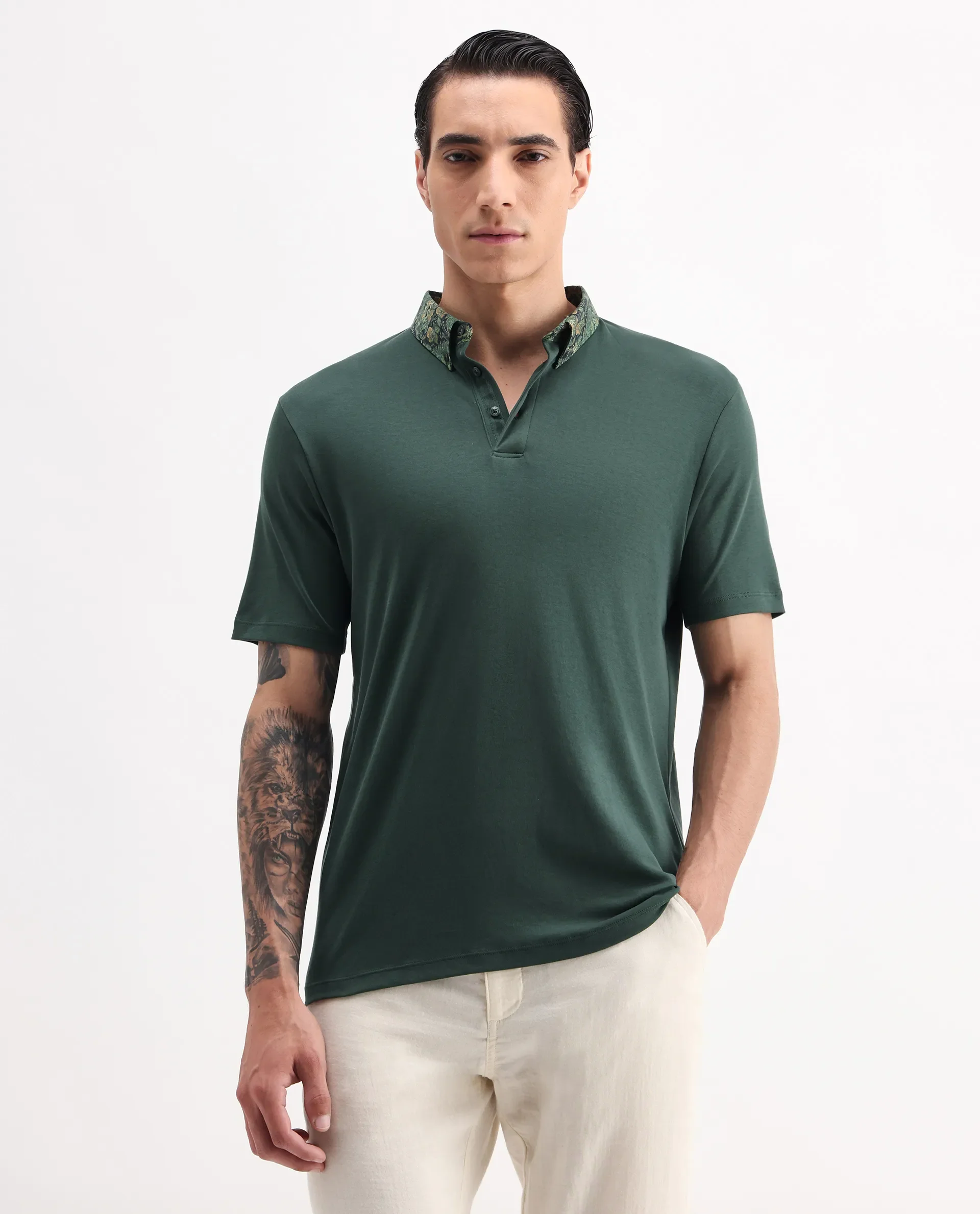 Rare Rabbit Men's Ringer2 Green Cotton Printed Regular Fit Half Sleeve Polo - Image 4