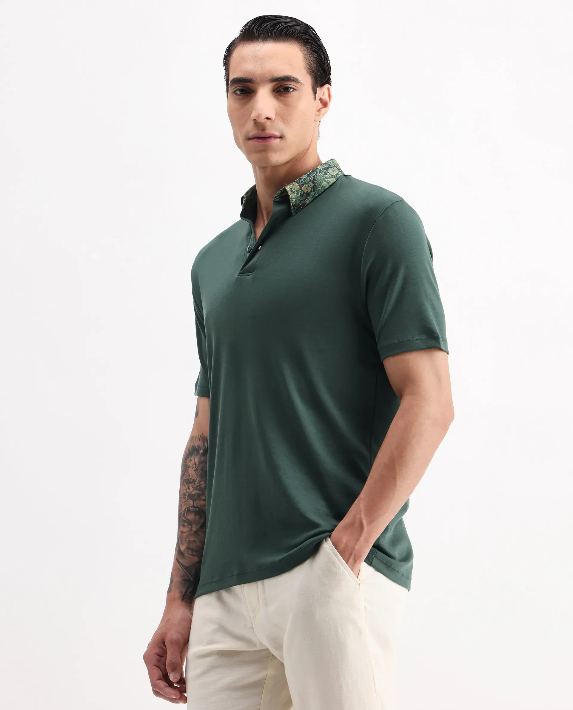 Rare Rabbit Men's Ringer2 Green Cotton Printed Regular Fit Half Sleeve Polo - Image 5