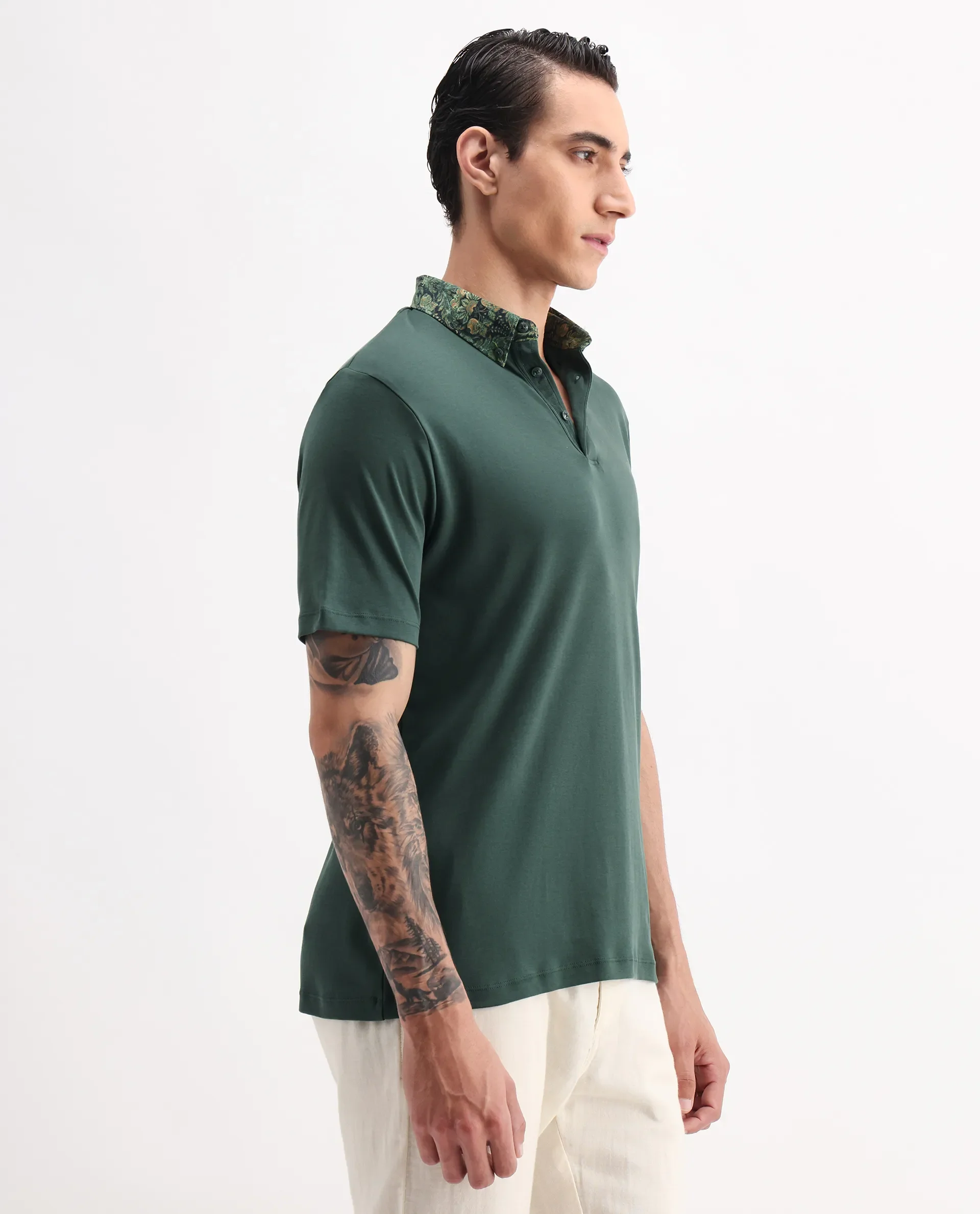 Rare Rabbit Men's Ringer2 Green Cotton Printed Regular Fit Half Sleeve Polo - Image 6