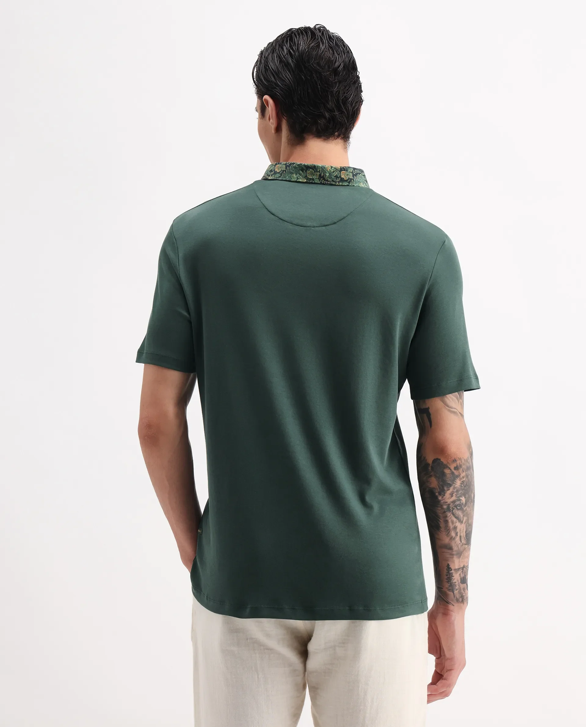Rare Rabbit Men's Ringer2 Green Cotton Printed Regular Fit Half Sleeve Polo - Image 7