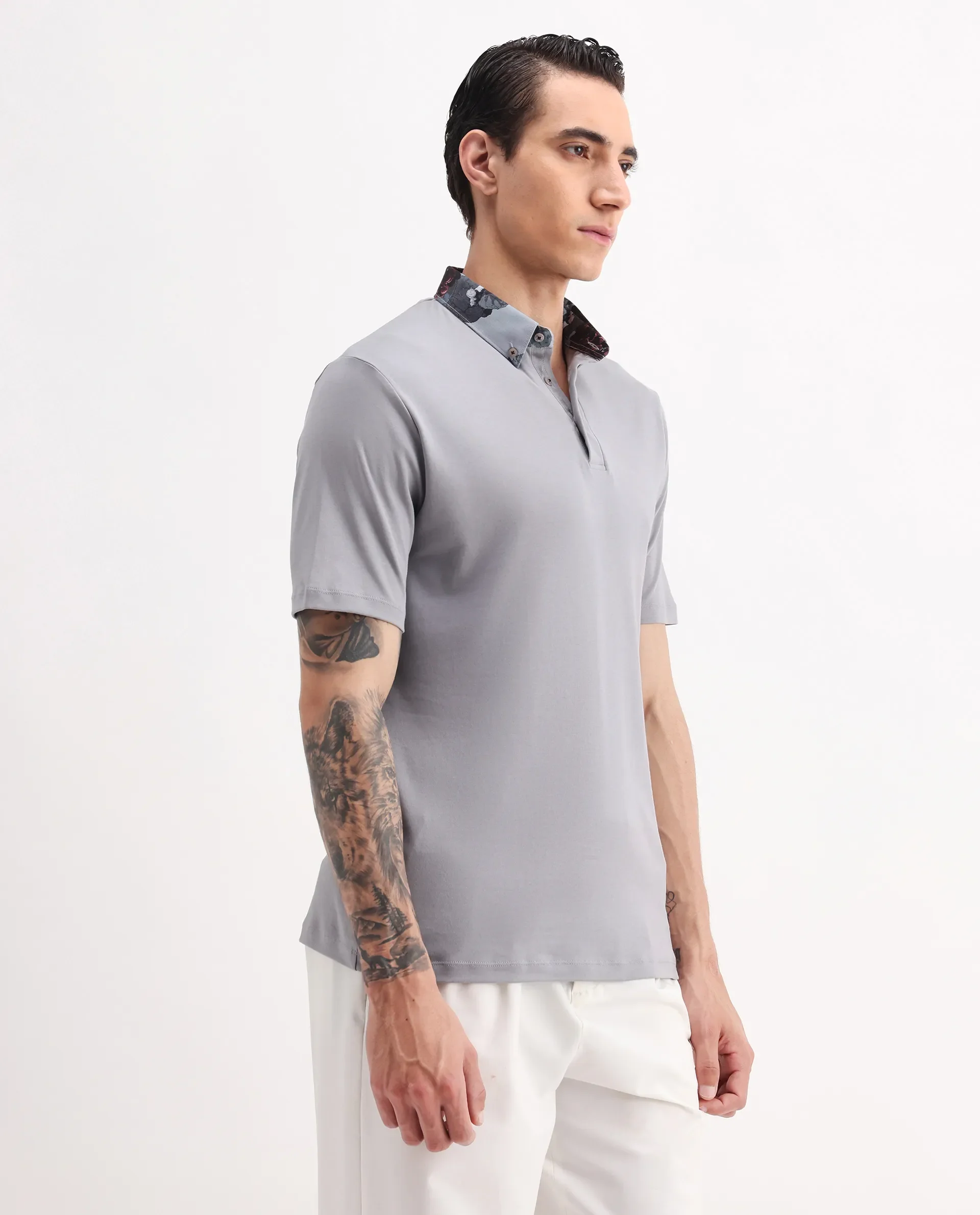 Rare Rabbit Men's Ringer2 Grey Cotton Printed Regular Fit Half Sleeve Polo - Image 5