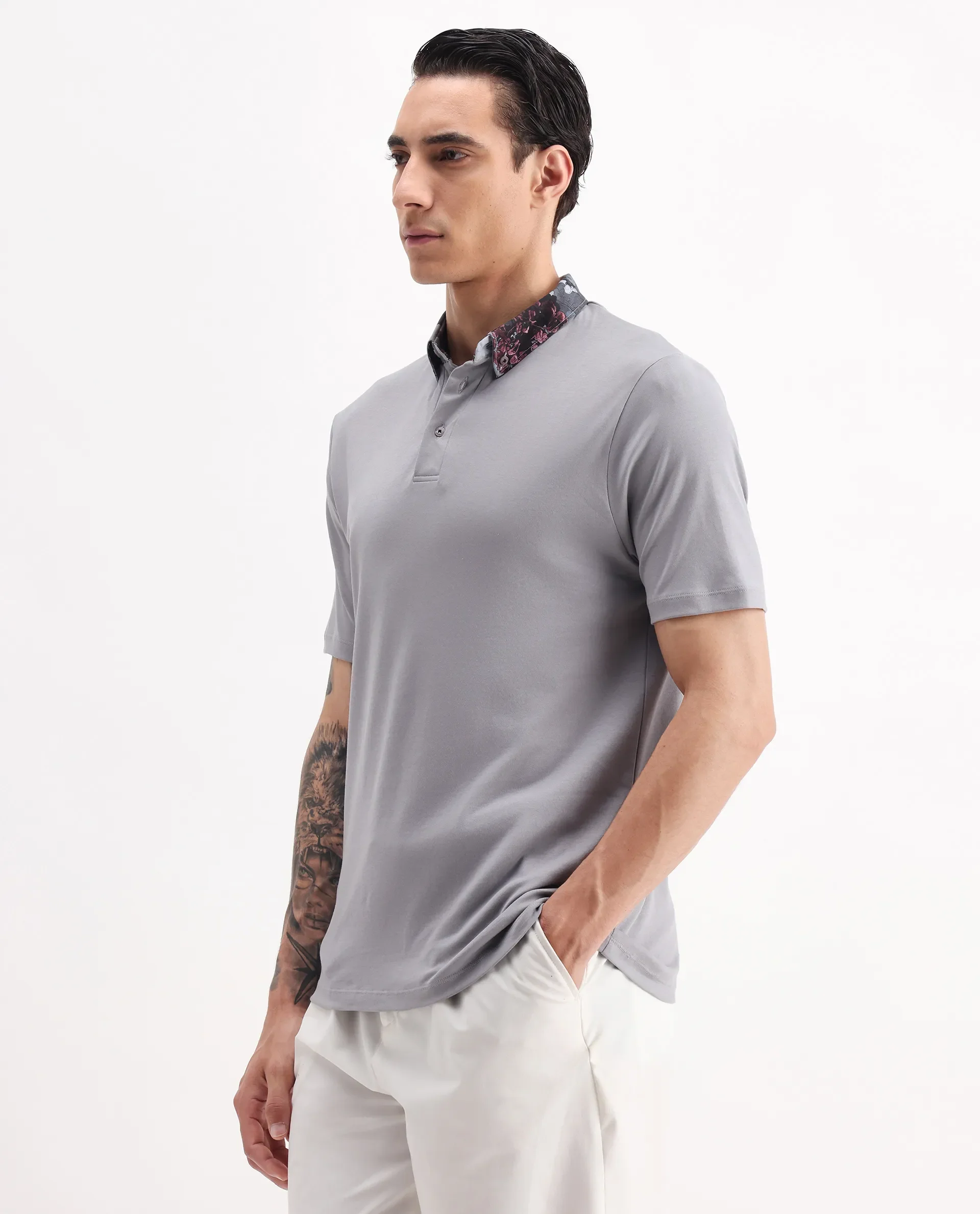 Rare Rabbit Men's Ringer2 Grey Cotton Printed Regular Fit Half Sleeve Polo - Image 6