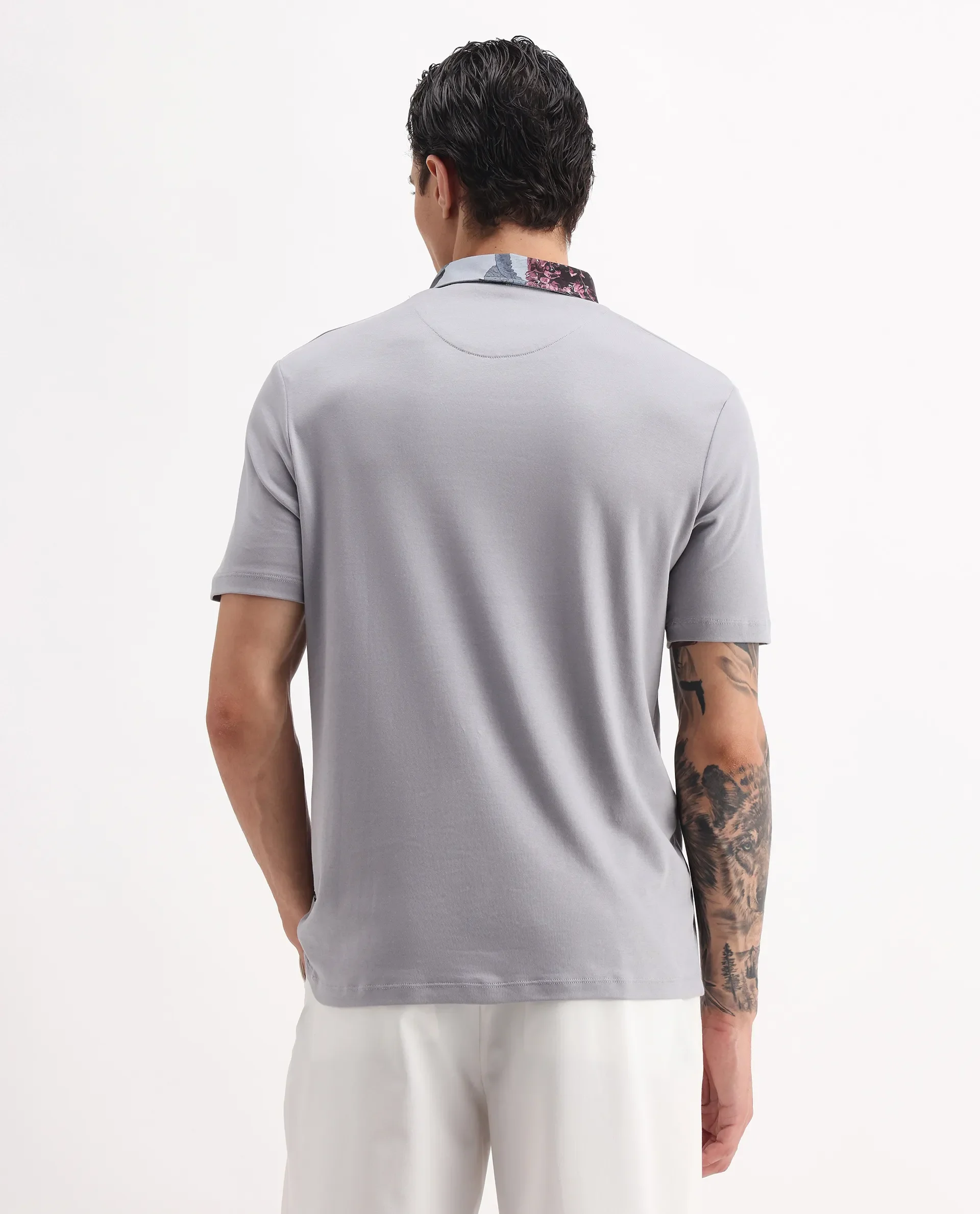 Rare Rabbit Men's Ringer2 Grey Cotton Printed Regular Fit Half Sleeve Polo - Image 7