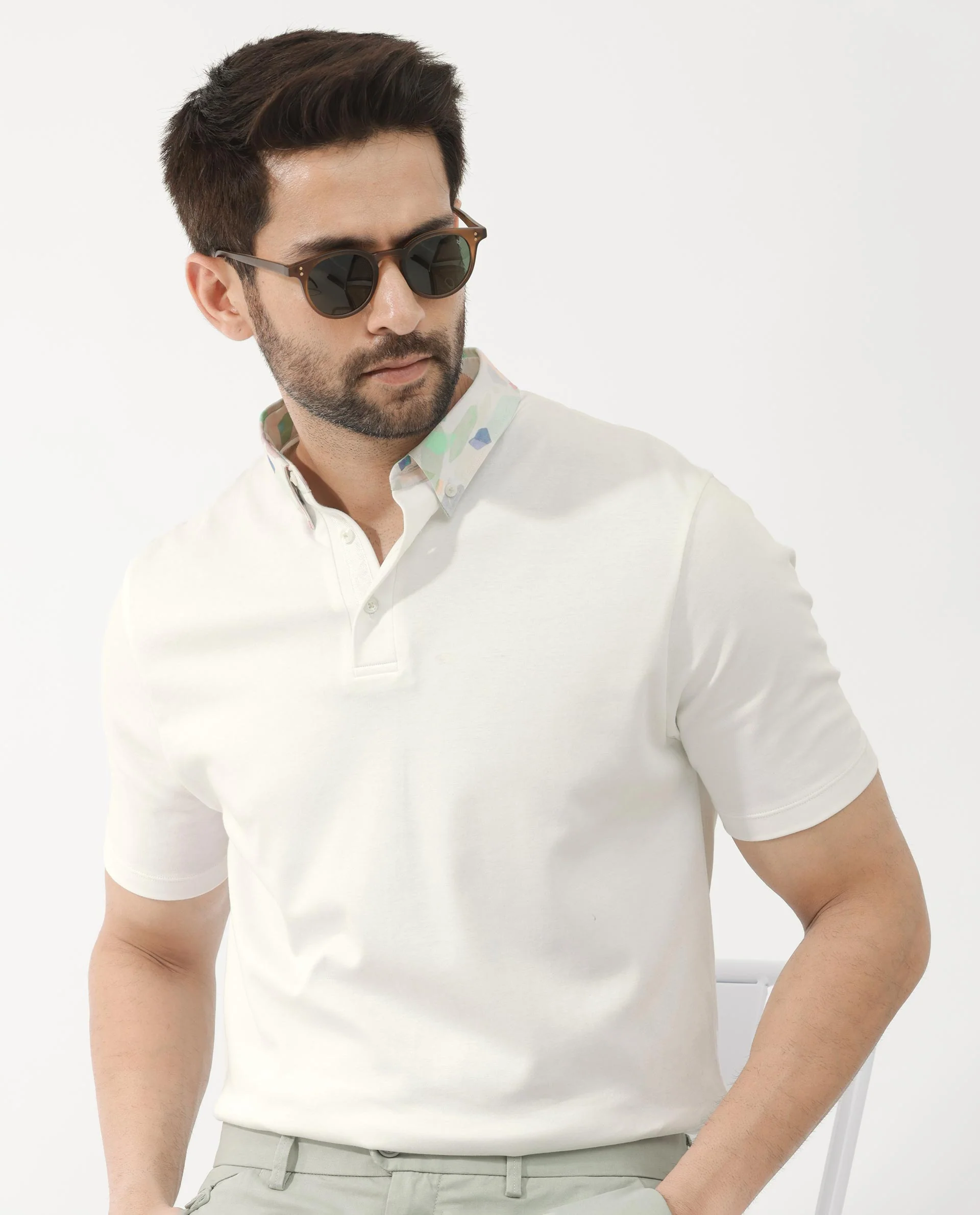 Rare Rabbit Men's Ringer2 White Cotton Printed Regular Fit Half Sleeve Polo