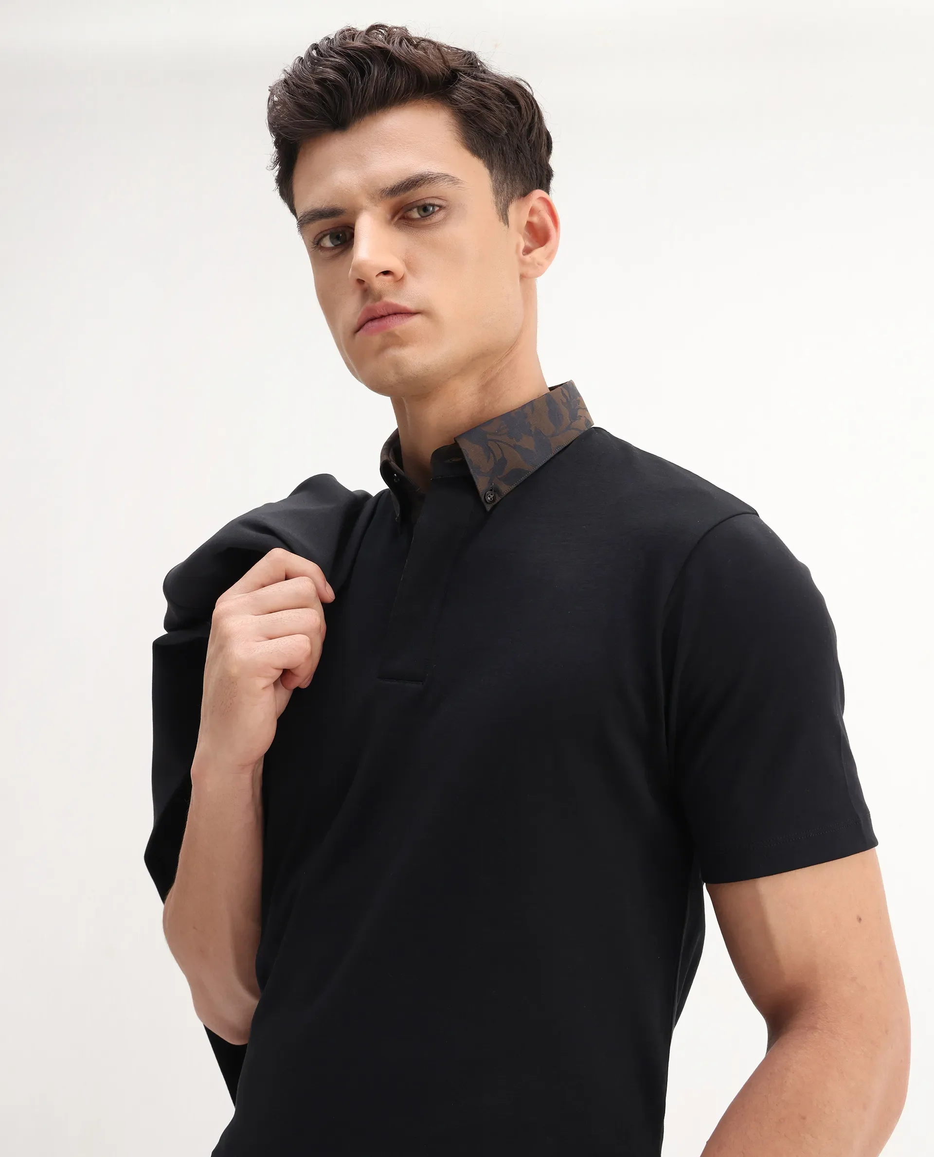 Rare Rabbit Men's Ringer-A25 Black Cotton Plain Regular Fit Half Sleeve Polo