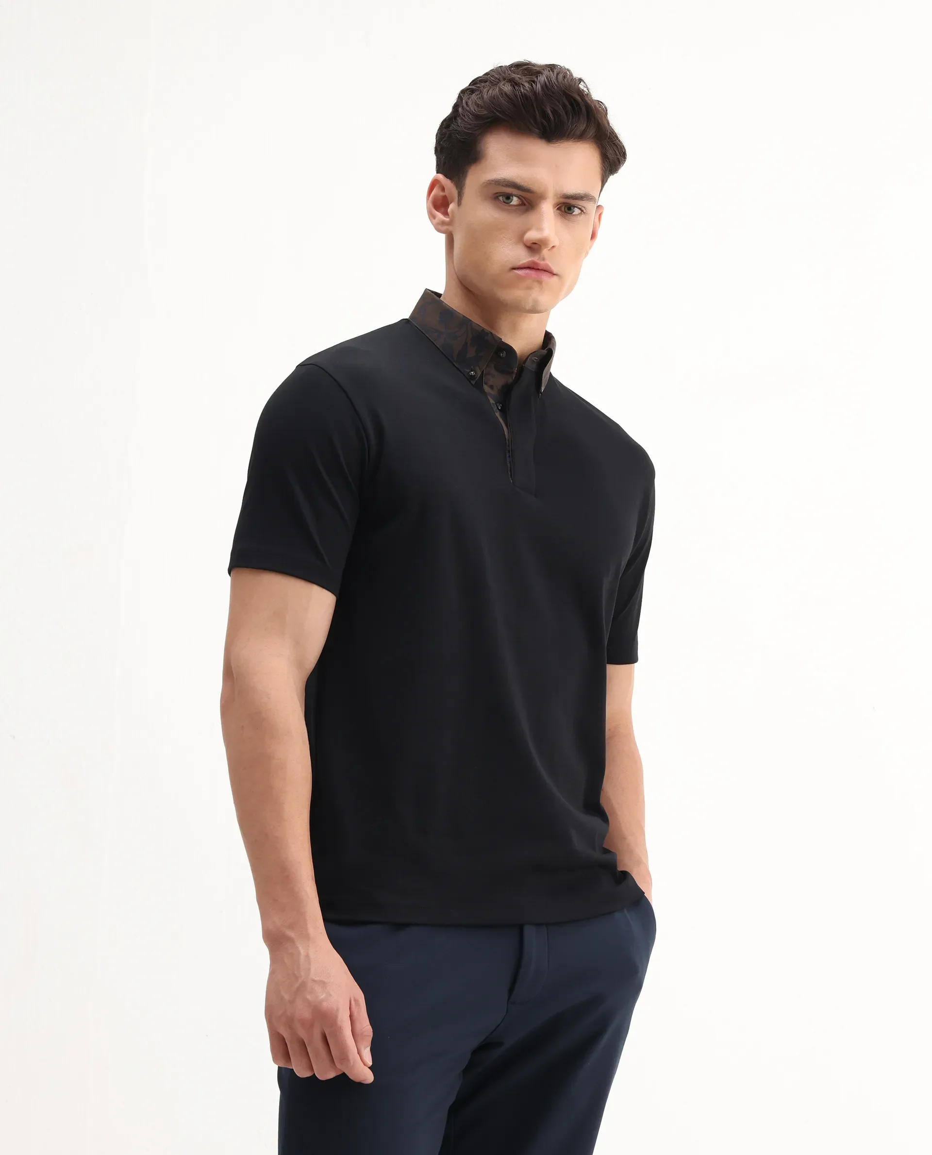 Rare Rabbit Men's Ringer-A25 Black Cotton Plain Regular Fit Half Sleeve Polo - Image 4