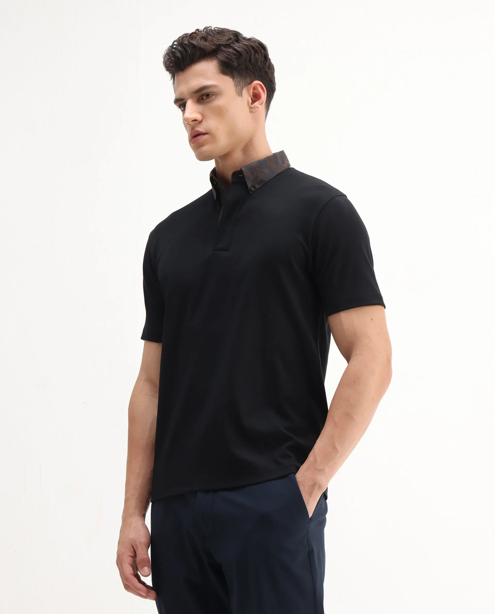 Rare Rabbit Men's Ringer-A25 Black Cotton Plain Regular Fit Half Sleeve Polo - Image 5