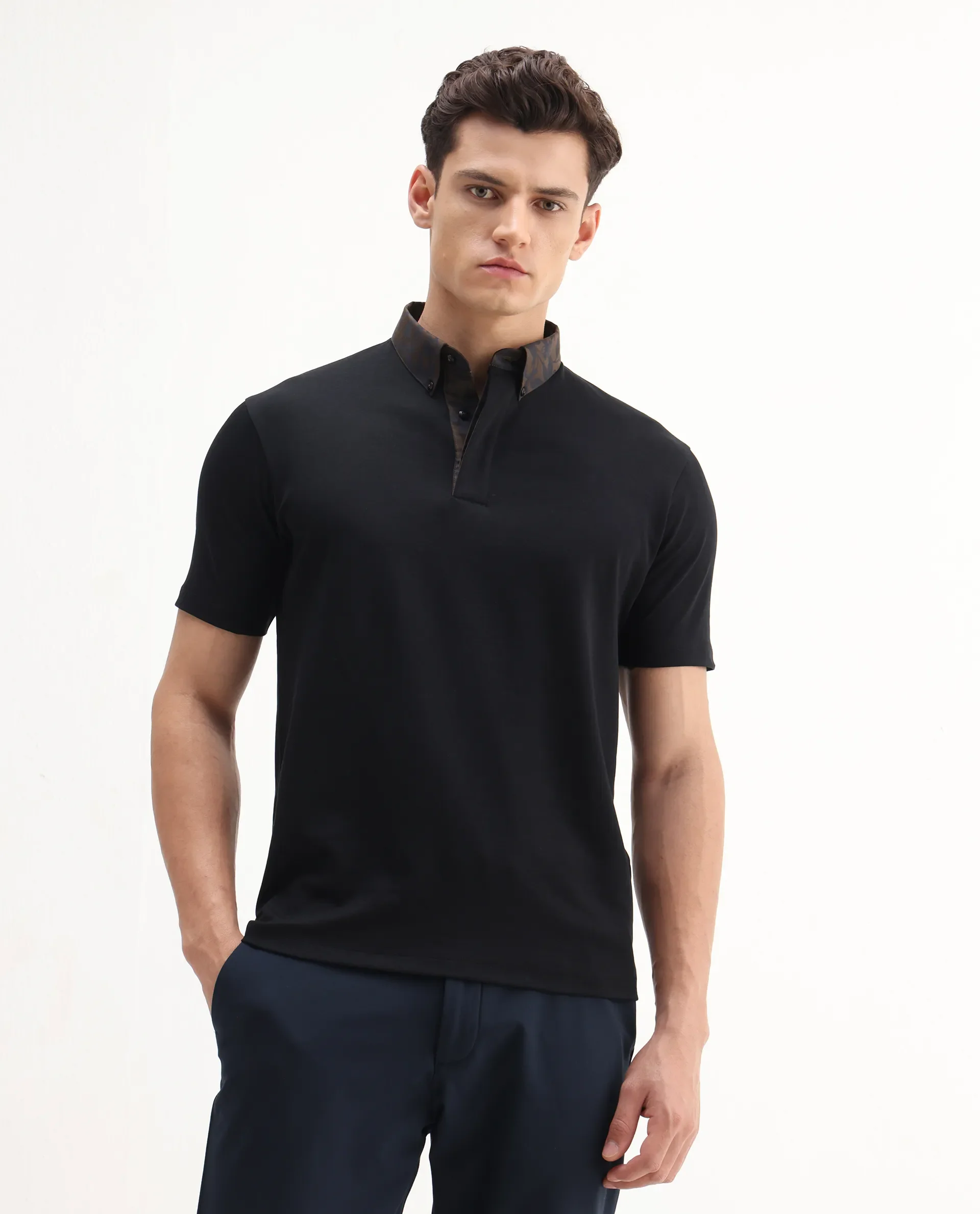 Rare Rabbit Men's Ringer-A25 Black Cotton Plain Regular Fit Half Sleeve Polo - Image 6